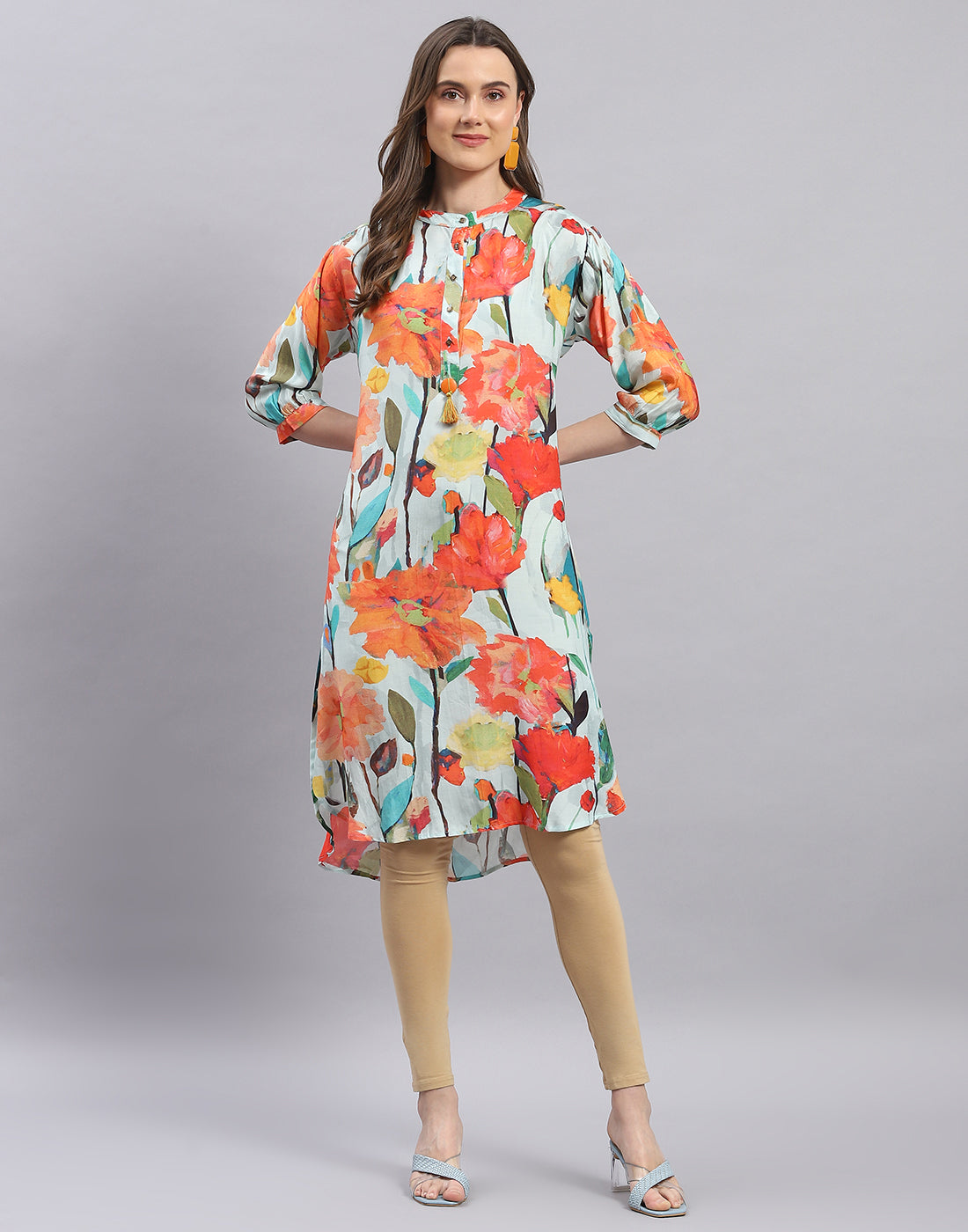 Women Blue Printed Mandarin Collar Half Sleeve Tunic