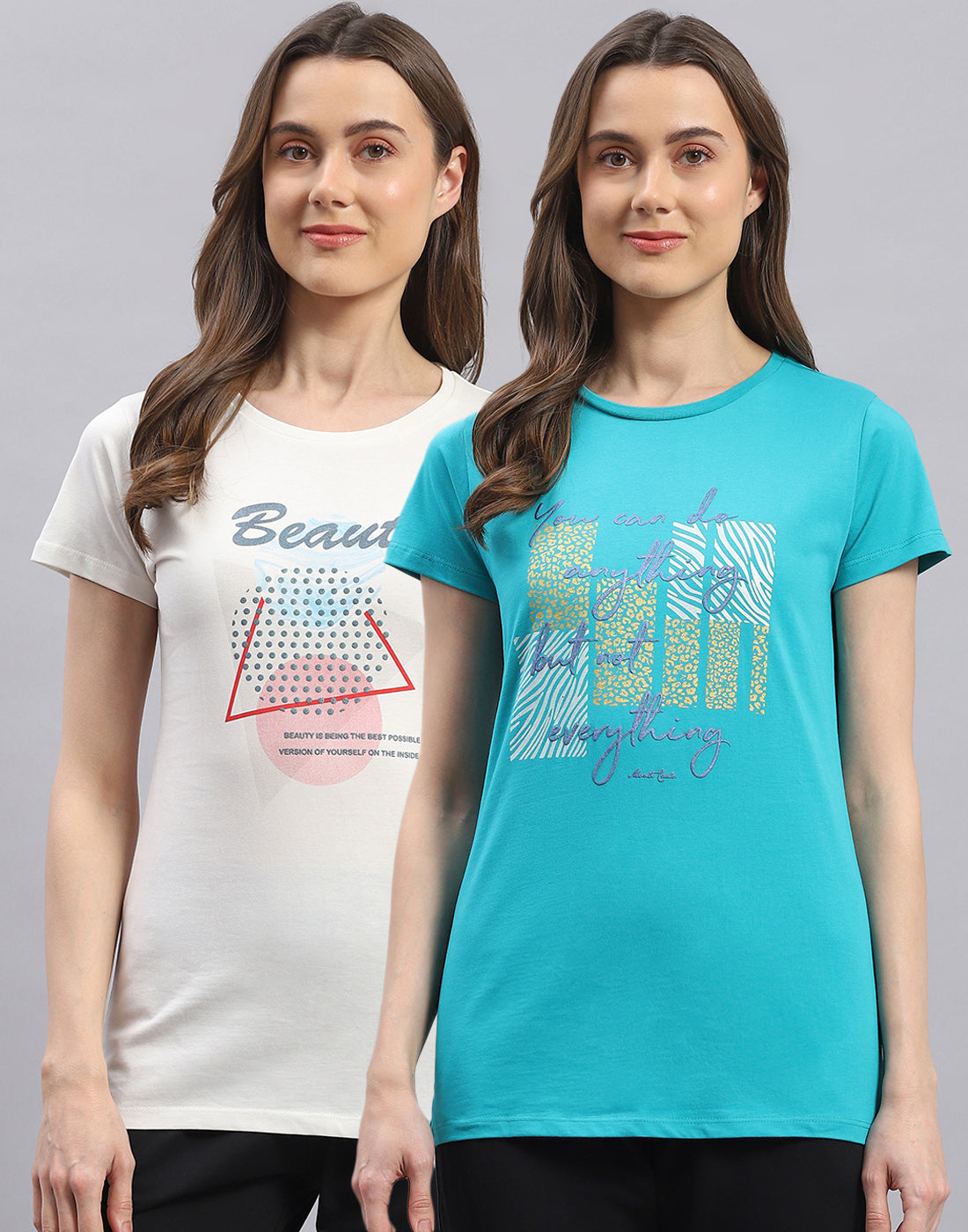 Women Off White & Turquoise Blue Printed Round Neck Half Sleeve Top 2 Pc Set