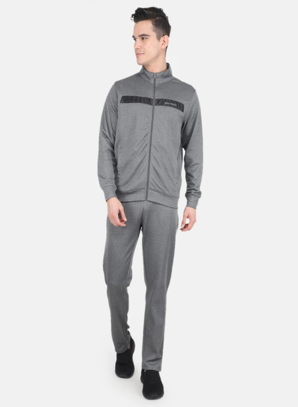 Men Grey Solid Mock Neck Full Sleeve Tracksuit