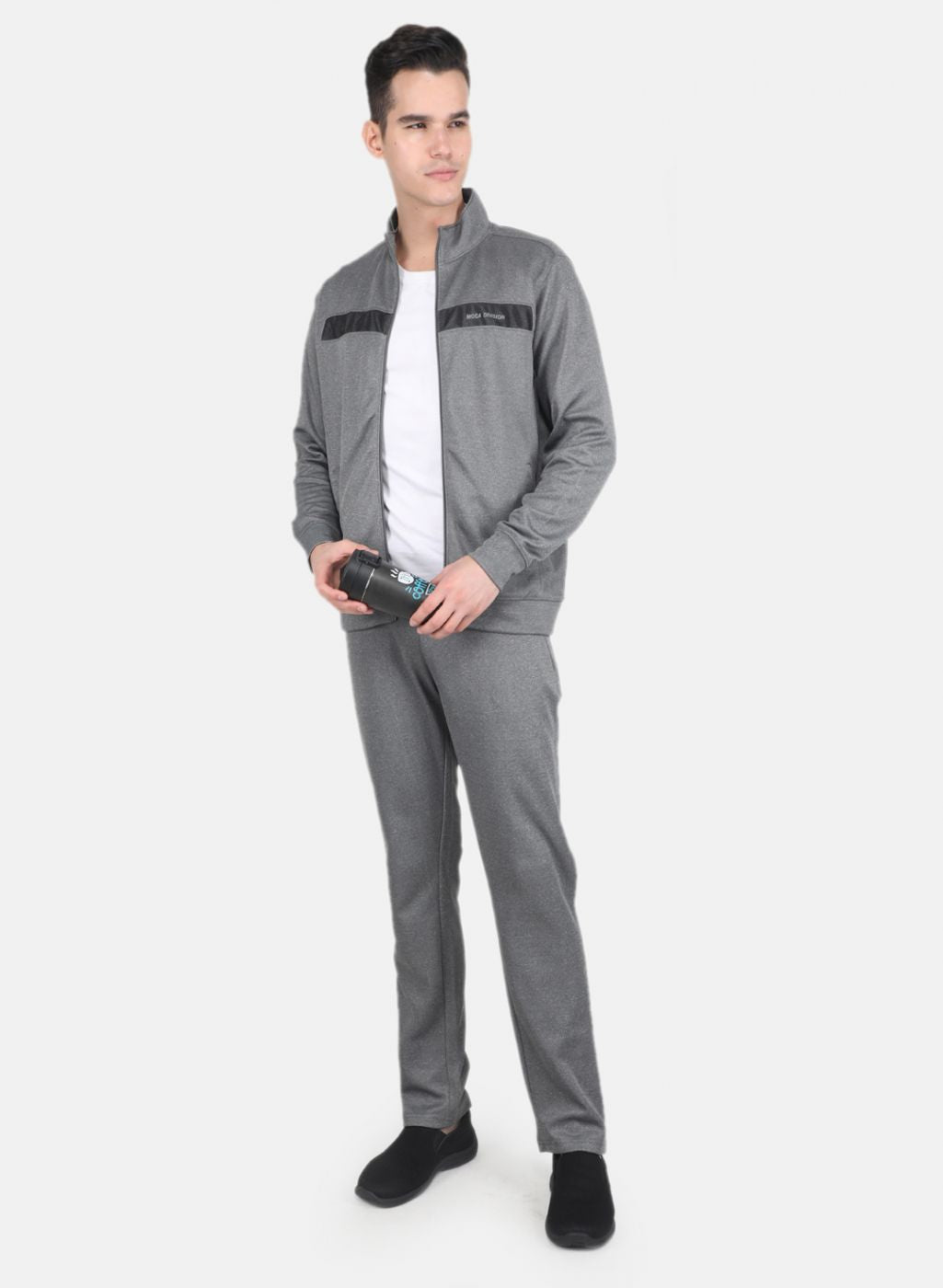 Men Grey Solid Mock Neck Full Sleeve Tracksuit