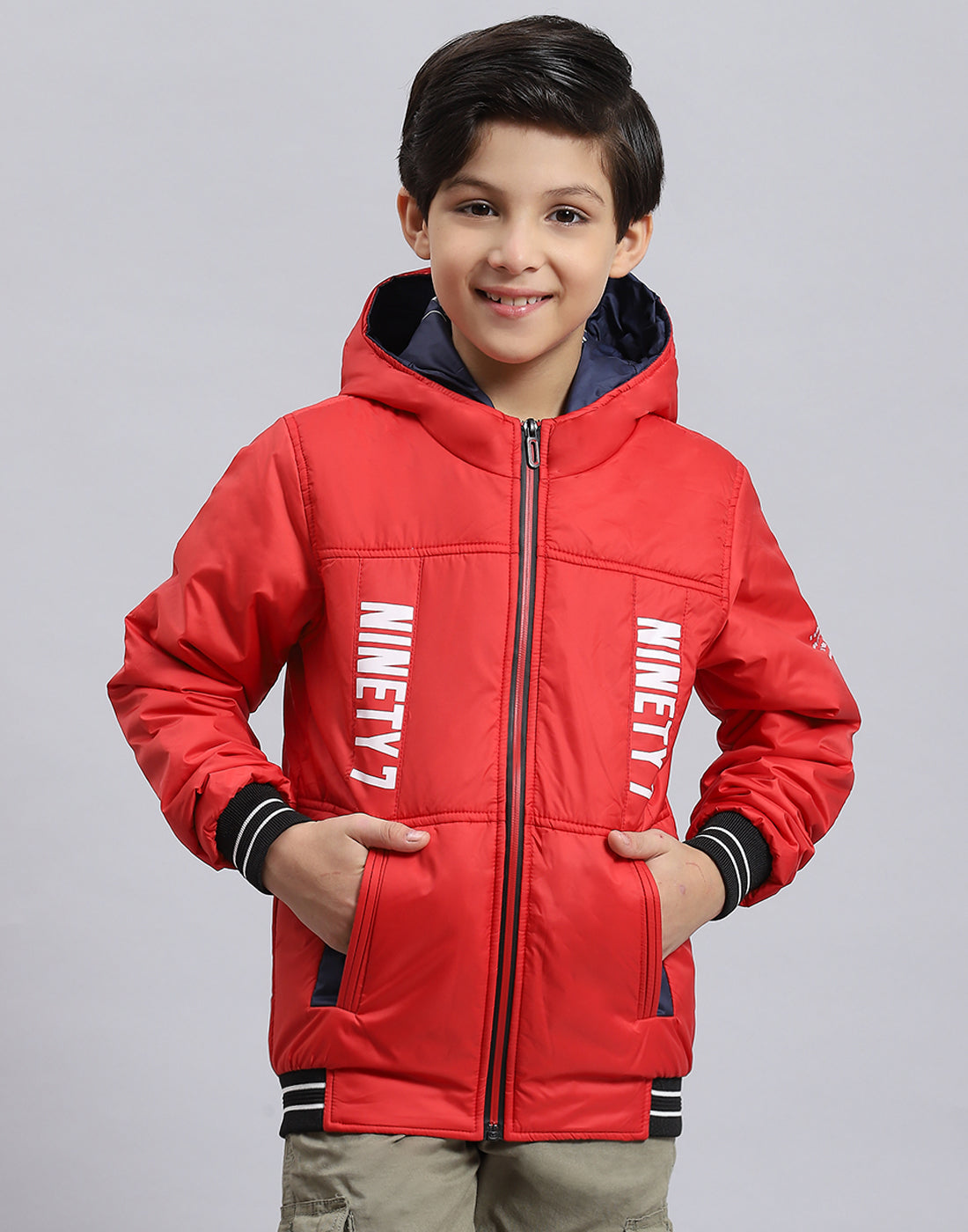 Boys Red Solid Hooded Full Sleeve Boys Jacket