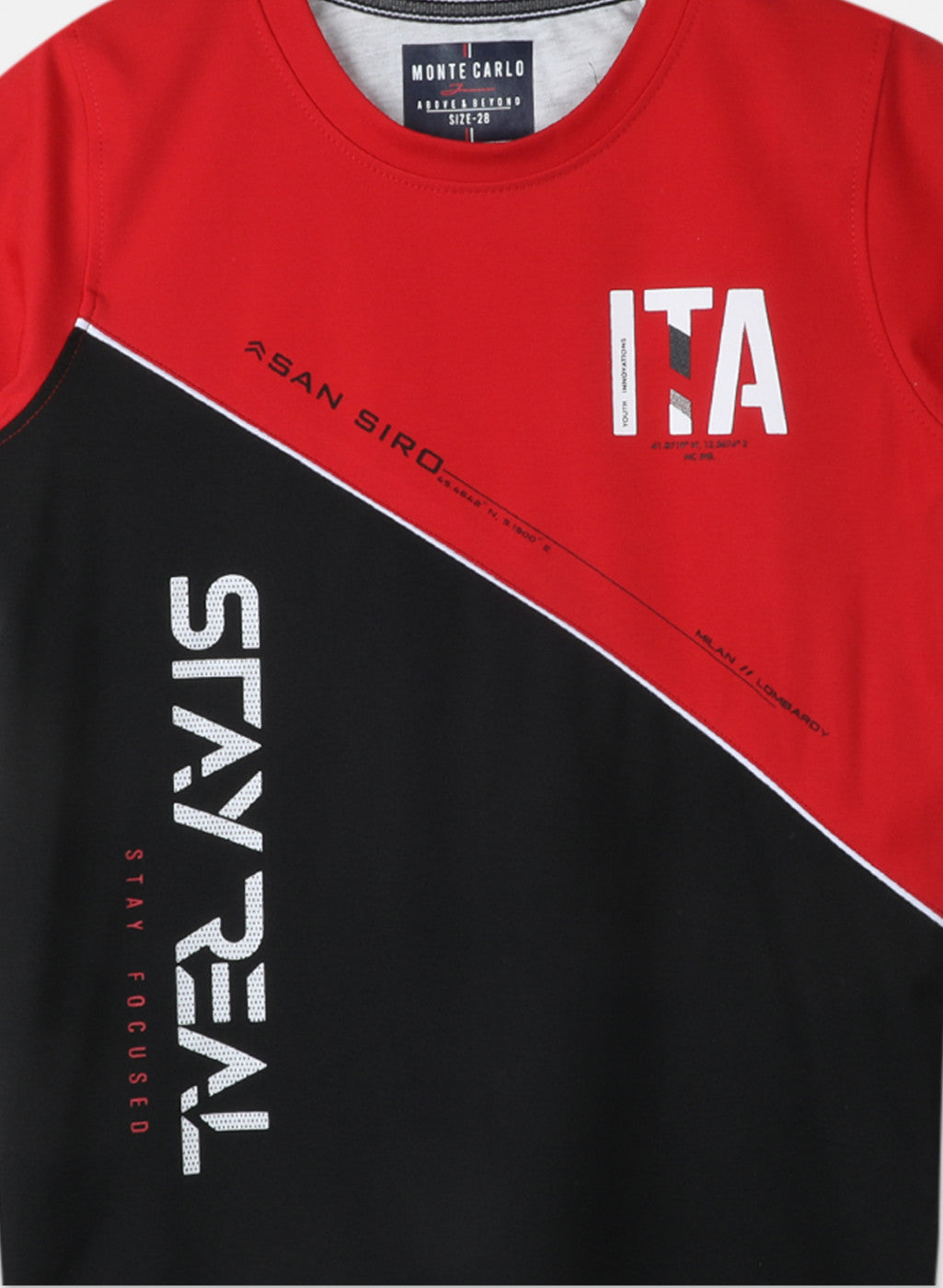 Boys Red & Navy Blue Printed T-Shirt