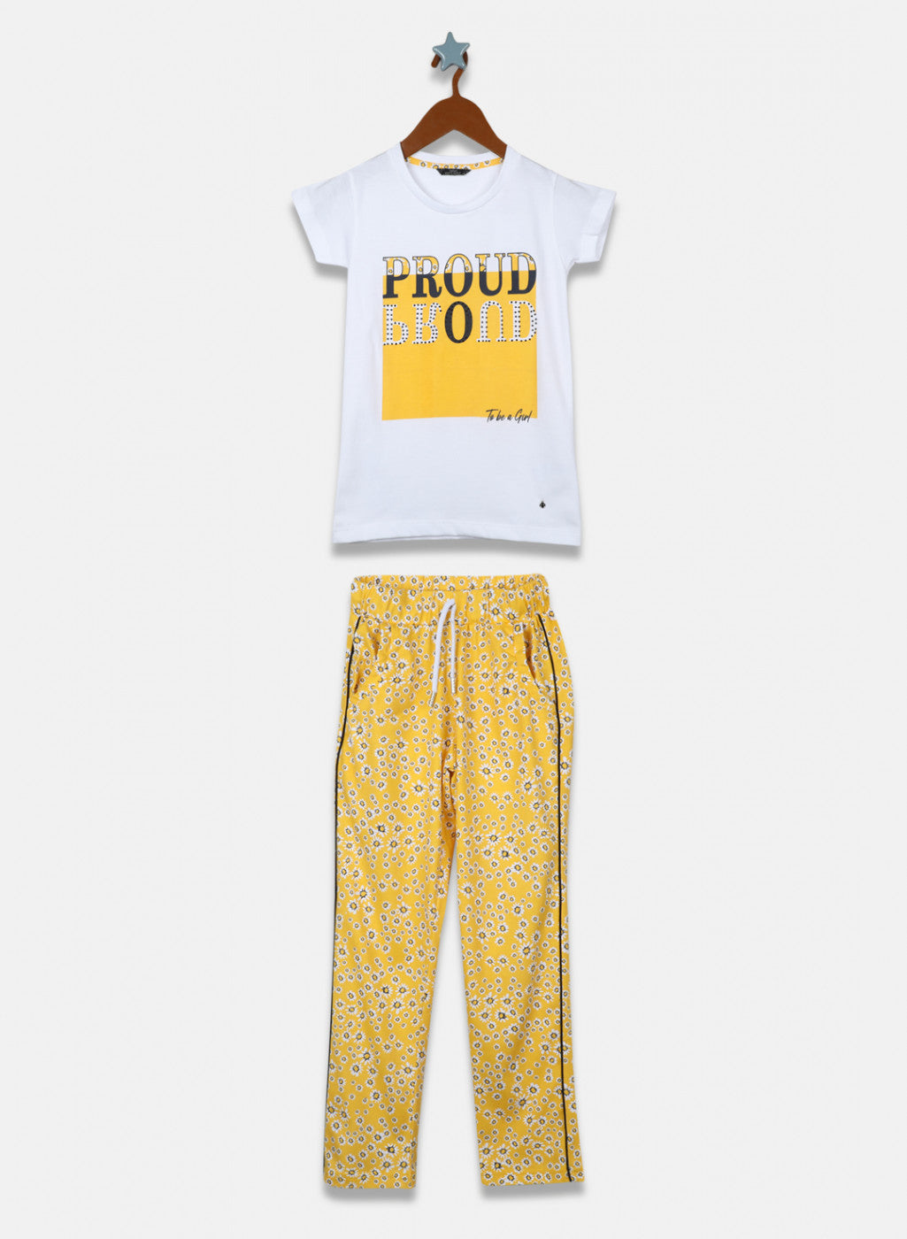 Girls White & Yellow Printed Lower Set