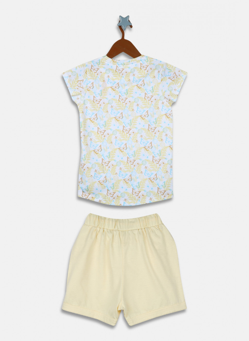 Girls Off White & Yellow Printed Short Set