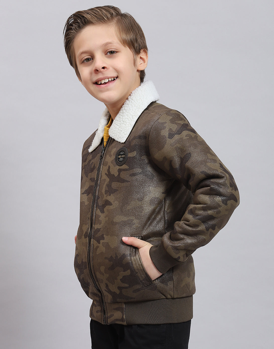 Boys Olive Printed Collar Full Sleeve Boys Jacket