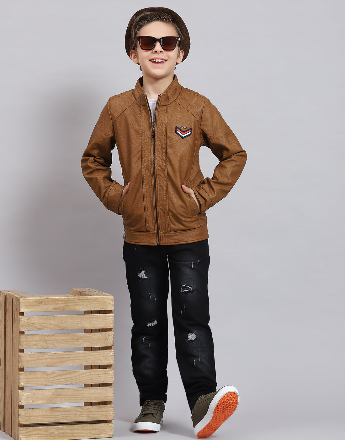 Boys Brown Solid Stand Collar Full Sleeve Boys Jacket