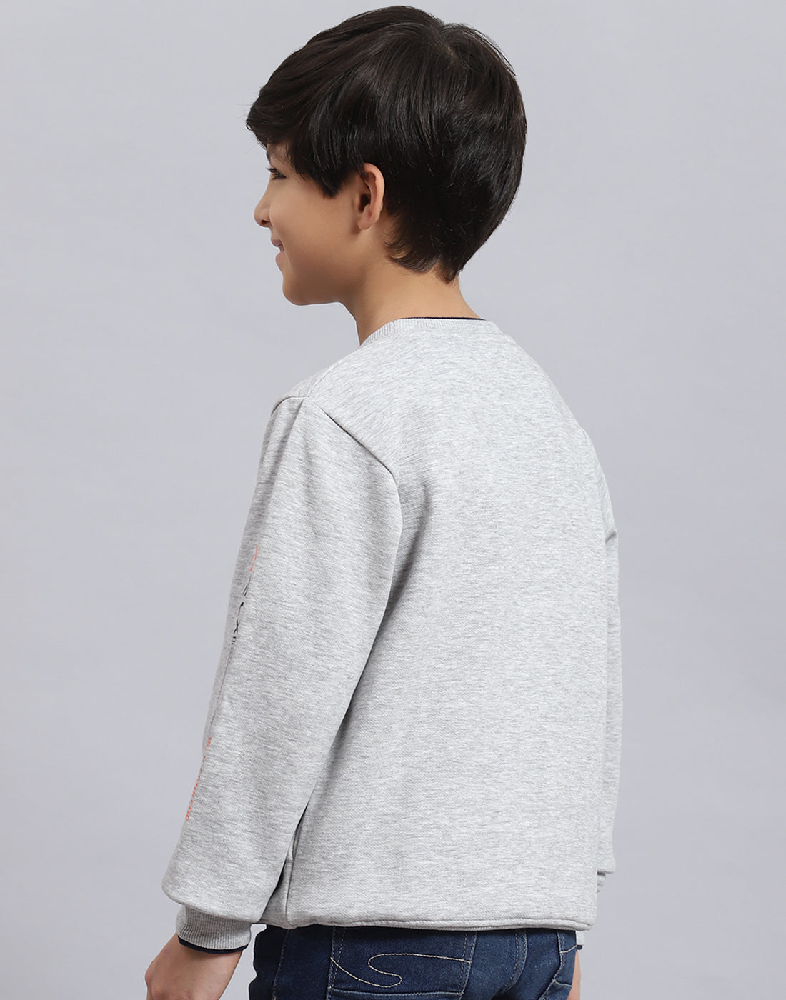 Boys Grey Melange Printed Round Neck Full Sleeve Sweatshirt