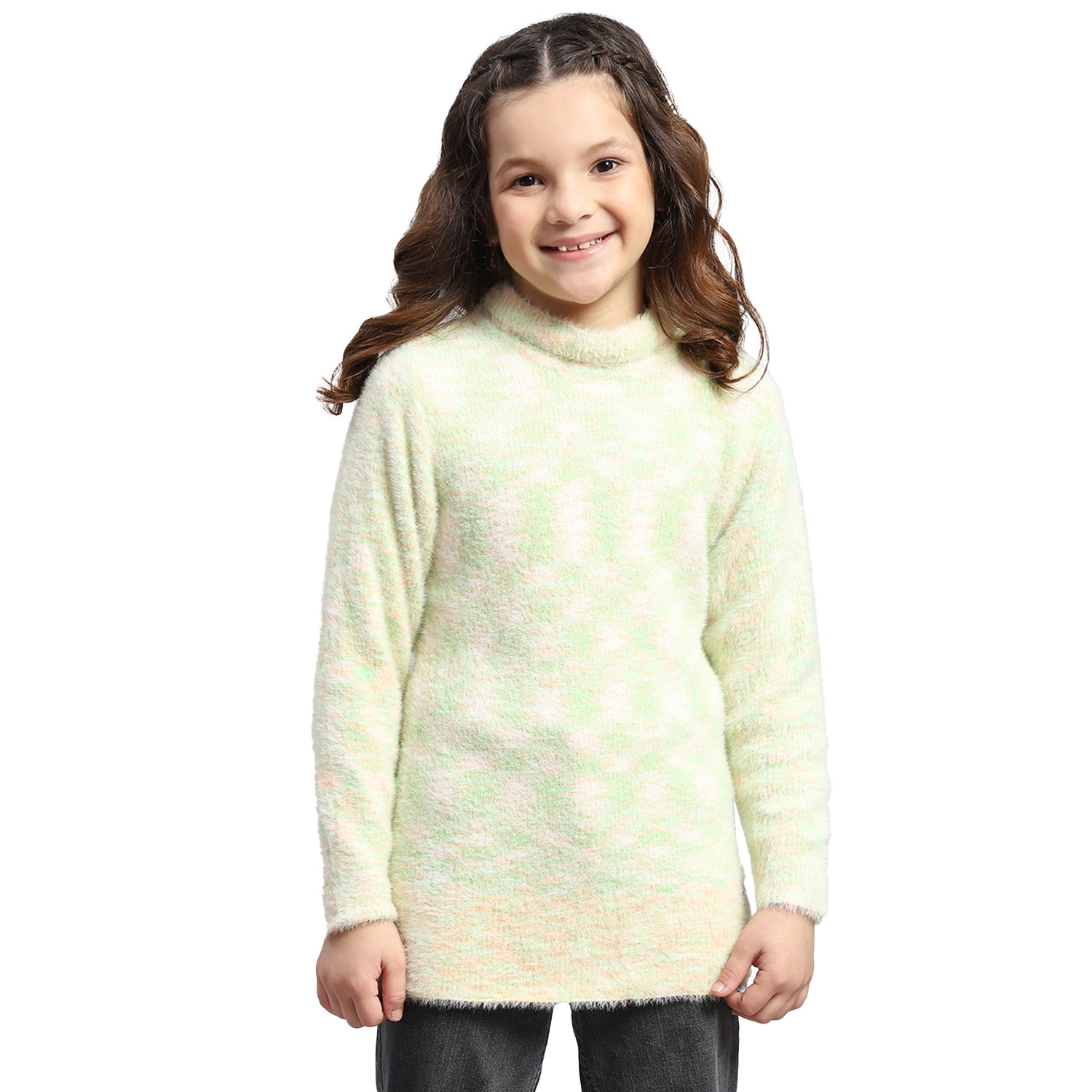 Girls Green Self Design T Neck Full Sleeve Sweatshirt
