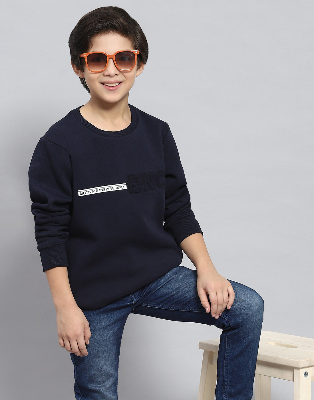 Boys Navy Blue Solid Round Neck Full Sleeve Sweatshirt