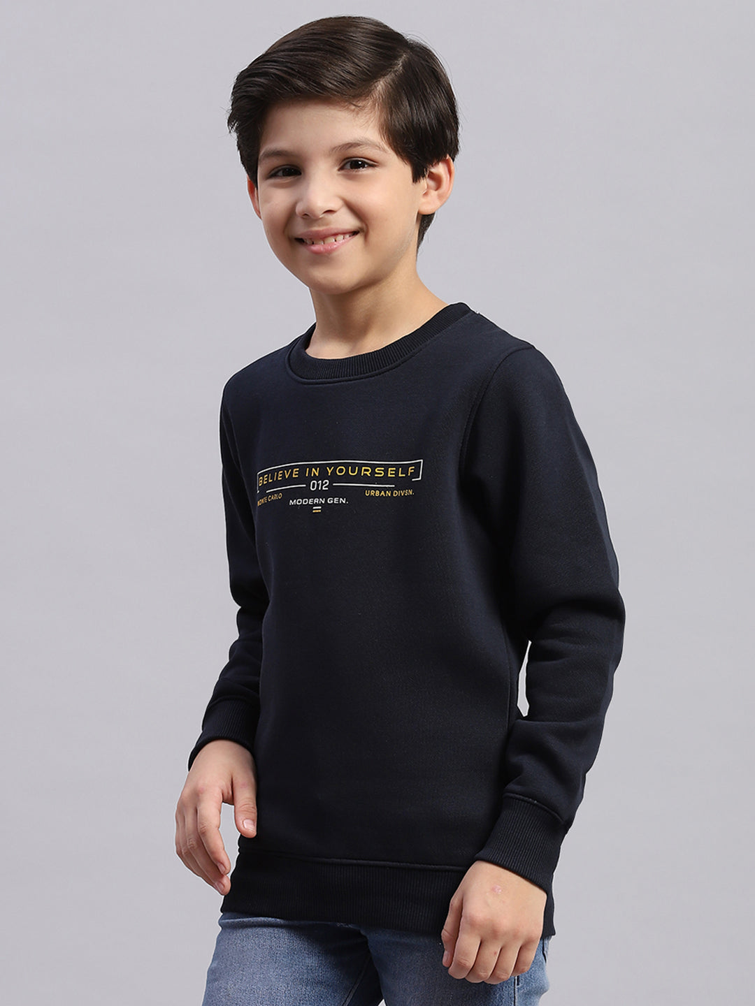Boys Navy Blue Printed Round Neck Full Sleeve Sweatshirt