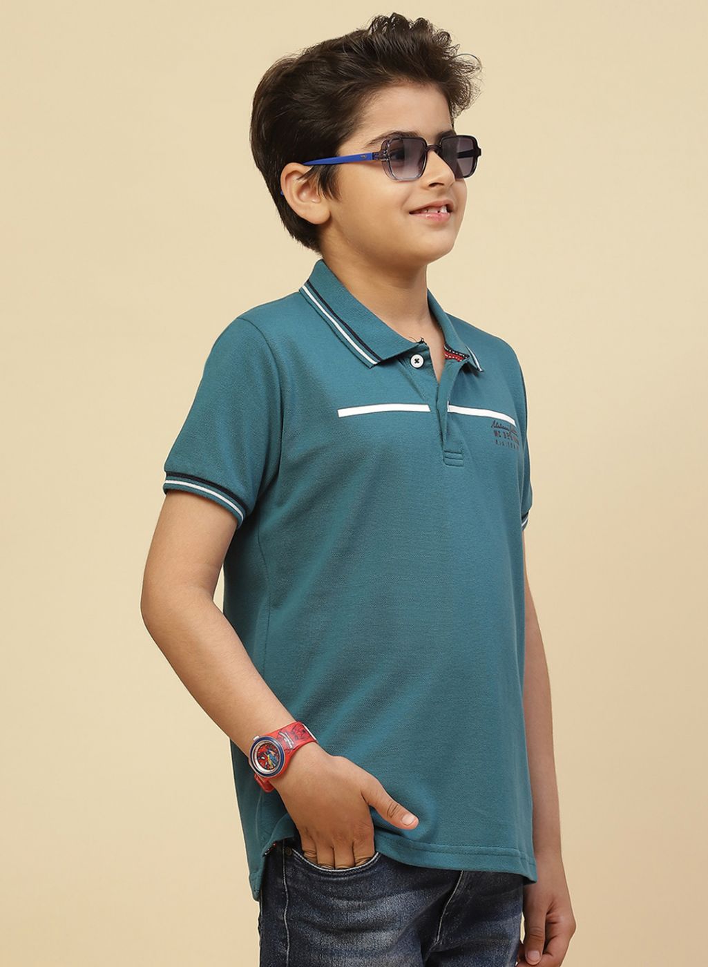 Boys Teal Blue Printed T-Shirt