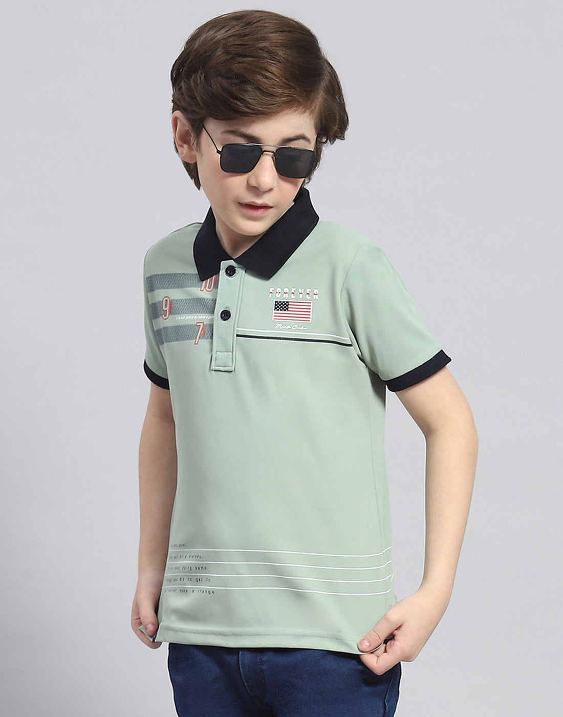 Boys Green Printed Polo Collar Half Sleeve T-Shirt