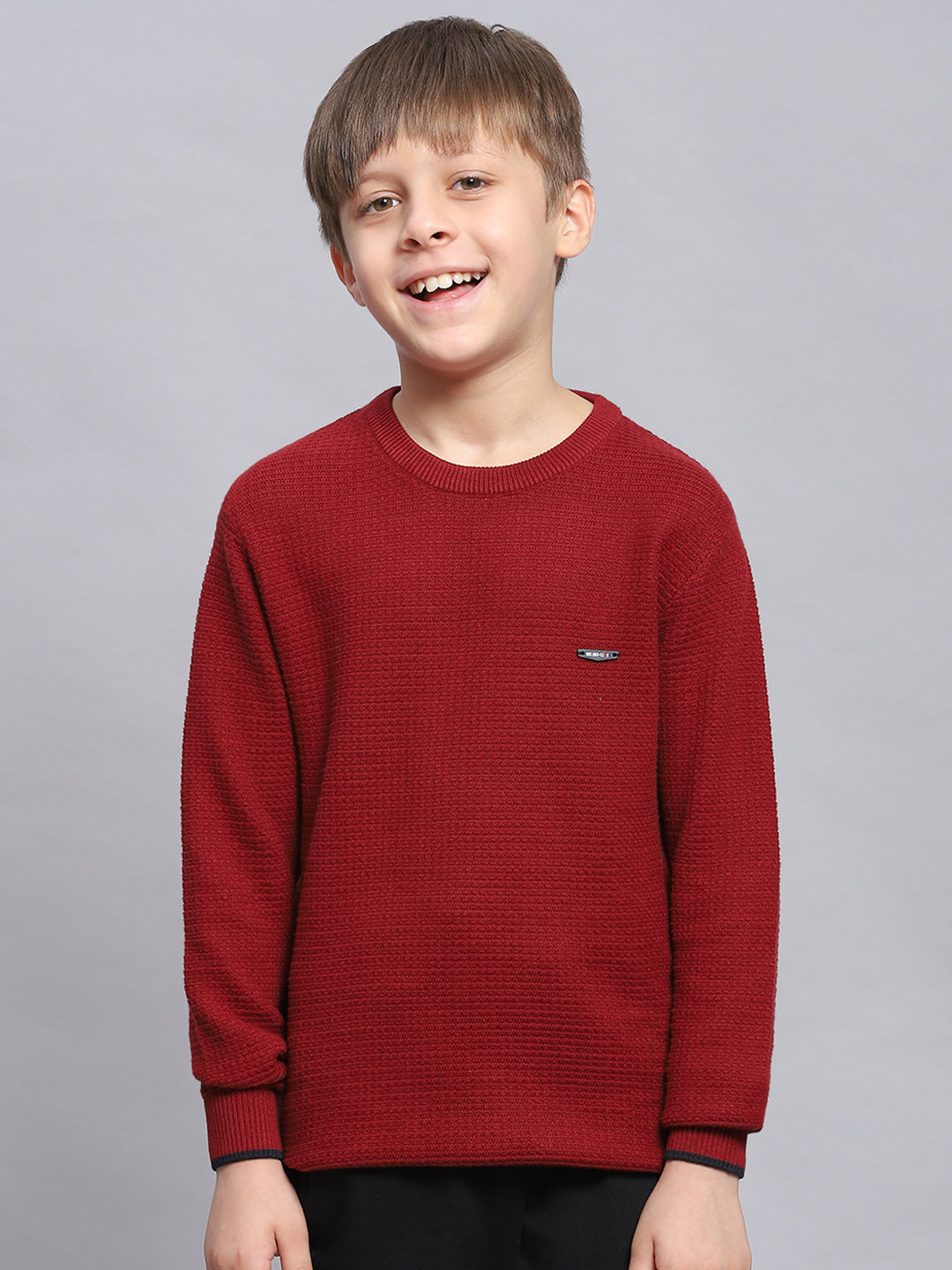 Boys Maroon Solid Round Neck Full Sleeve Sweater