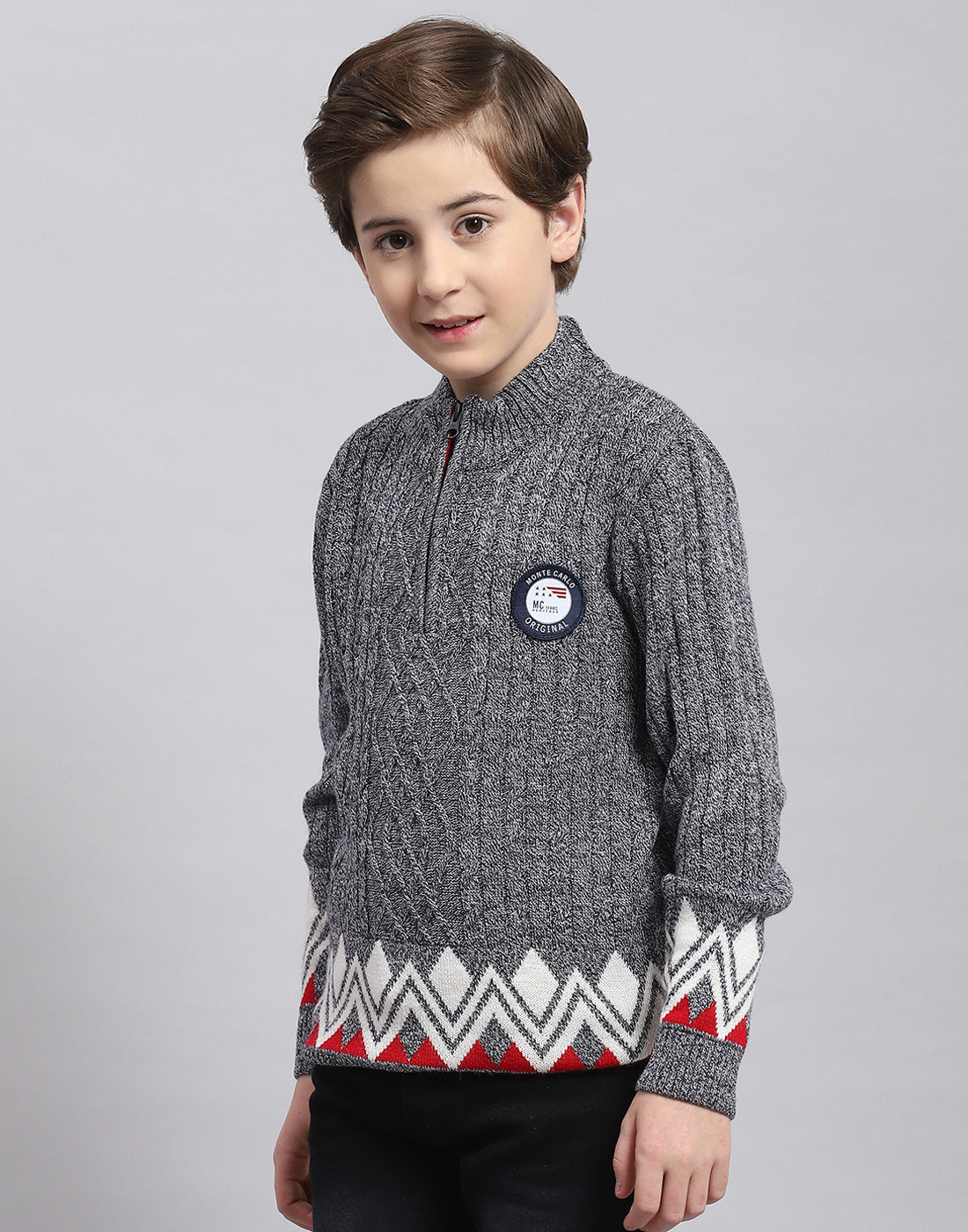 Boys Grey Self Design Round Neck Full Sleeve Sweater