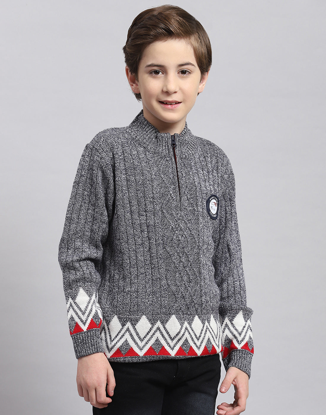 Boys Grey Self Design Round Neck Full Sleeve Sweater