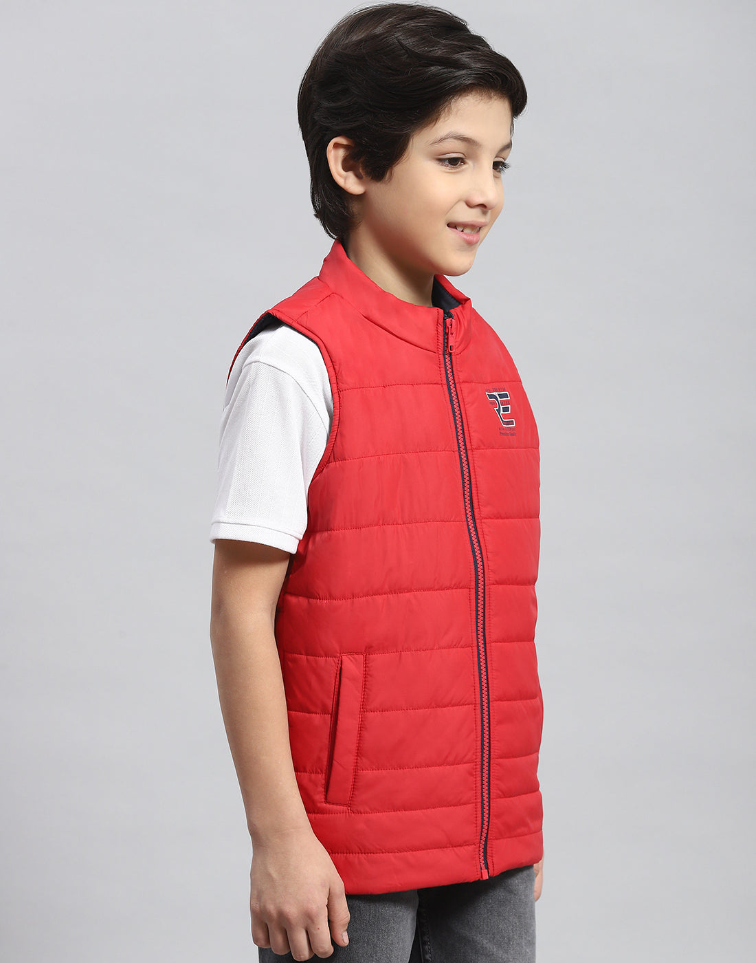 Boys Red Solid Stand Collar Sleeveless Boys Jacket