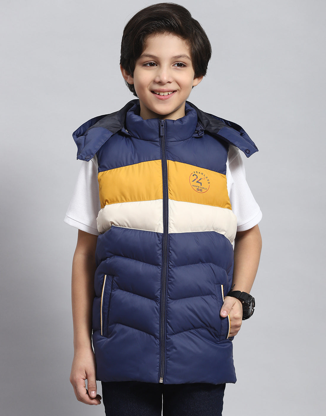 Boys Navy Blue Solid Hooded Sleeveless Boys Jacket