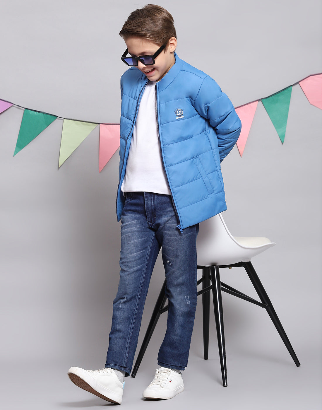 Boys Blue Solid Stand Collar Full Sleeve Boys Jacket