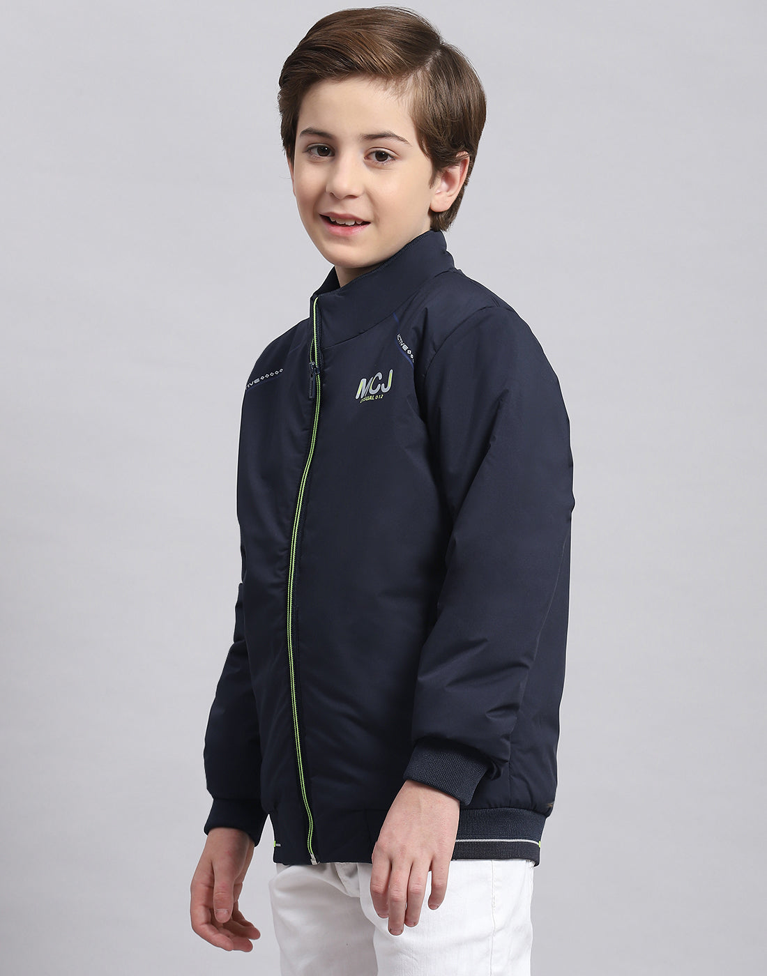 Boys Navy Blue Solid Stand Collar Full Sleeve Boys Jacket