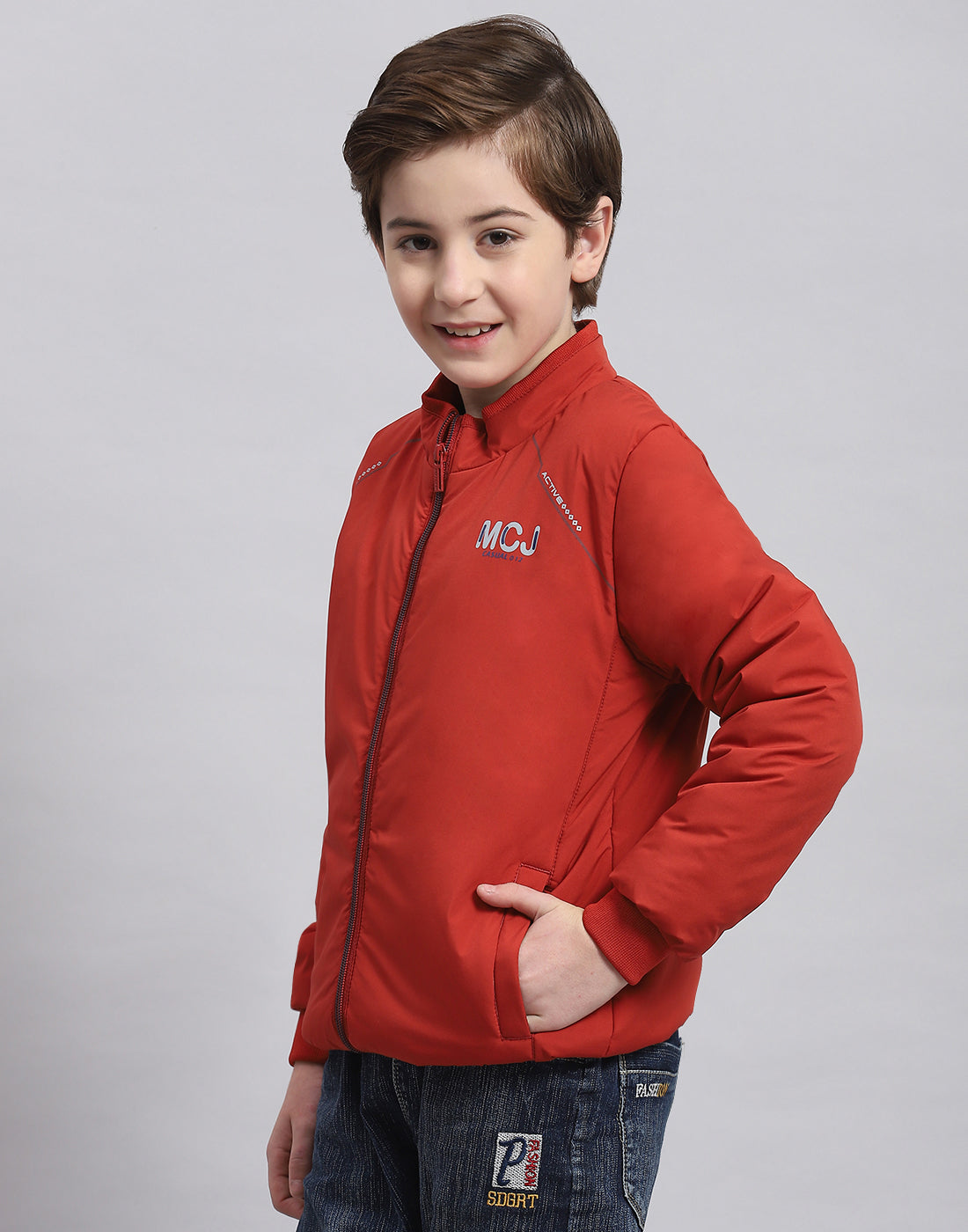 Boys Rust Solid Stand Collar Full Sleeve Boys Jacket