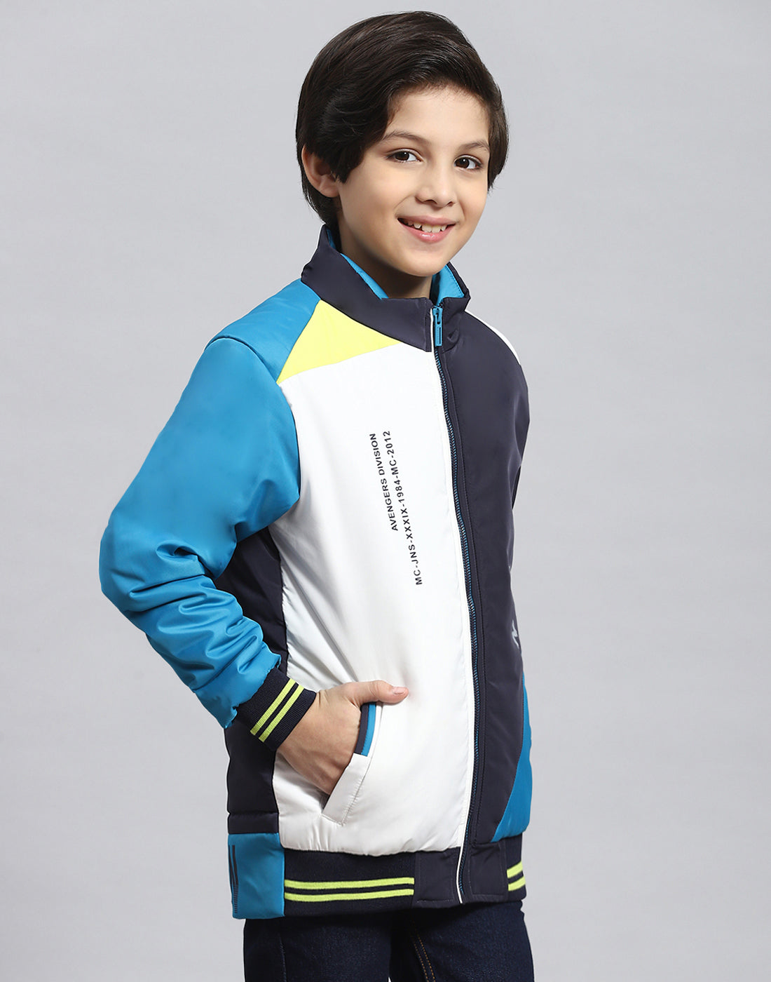 Boys Navy Blue Colourblocked Stand Collar Full Sleeve Boys Jacket