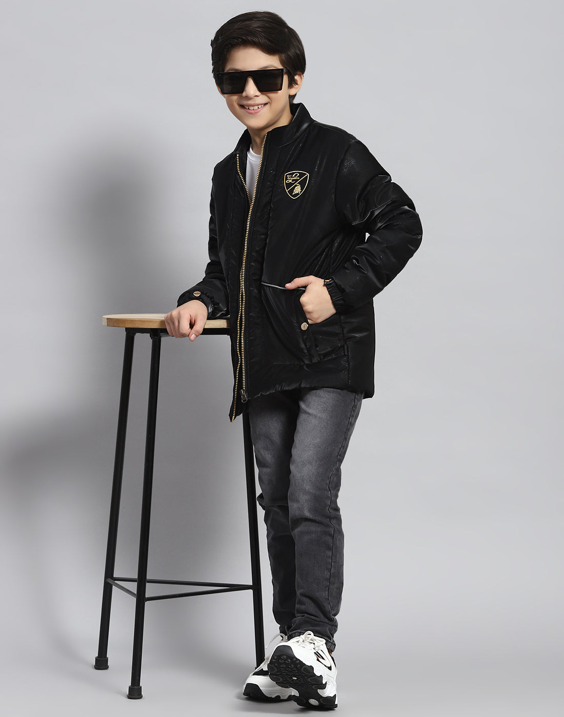 Boys Black Solid Stand Collar Full Sleeve Boys Jacket