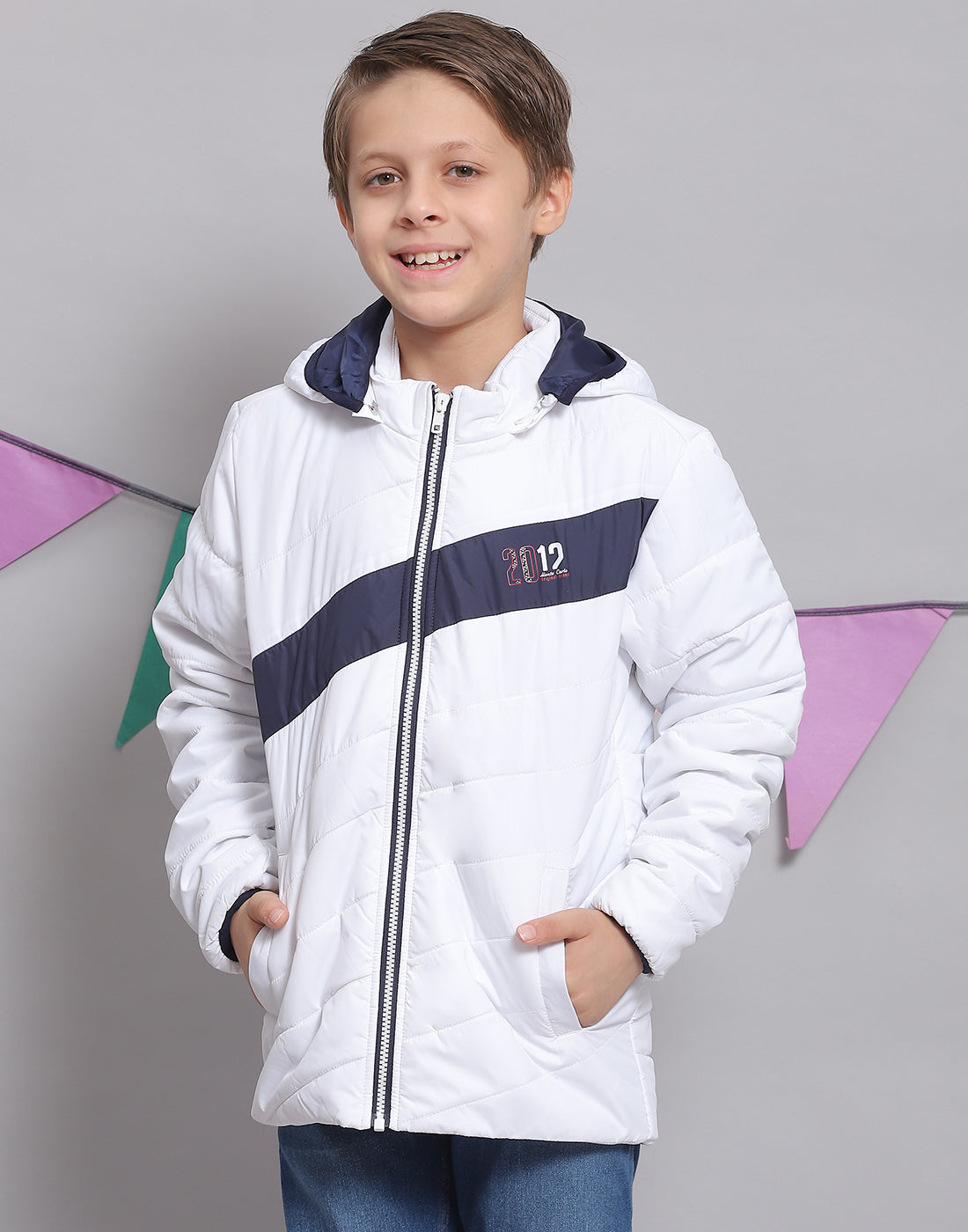 Boys White Solid Hooded Full Sleeve Boys Jacket