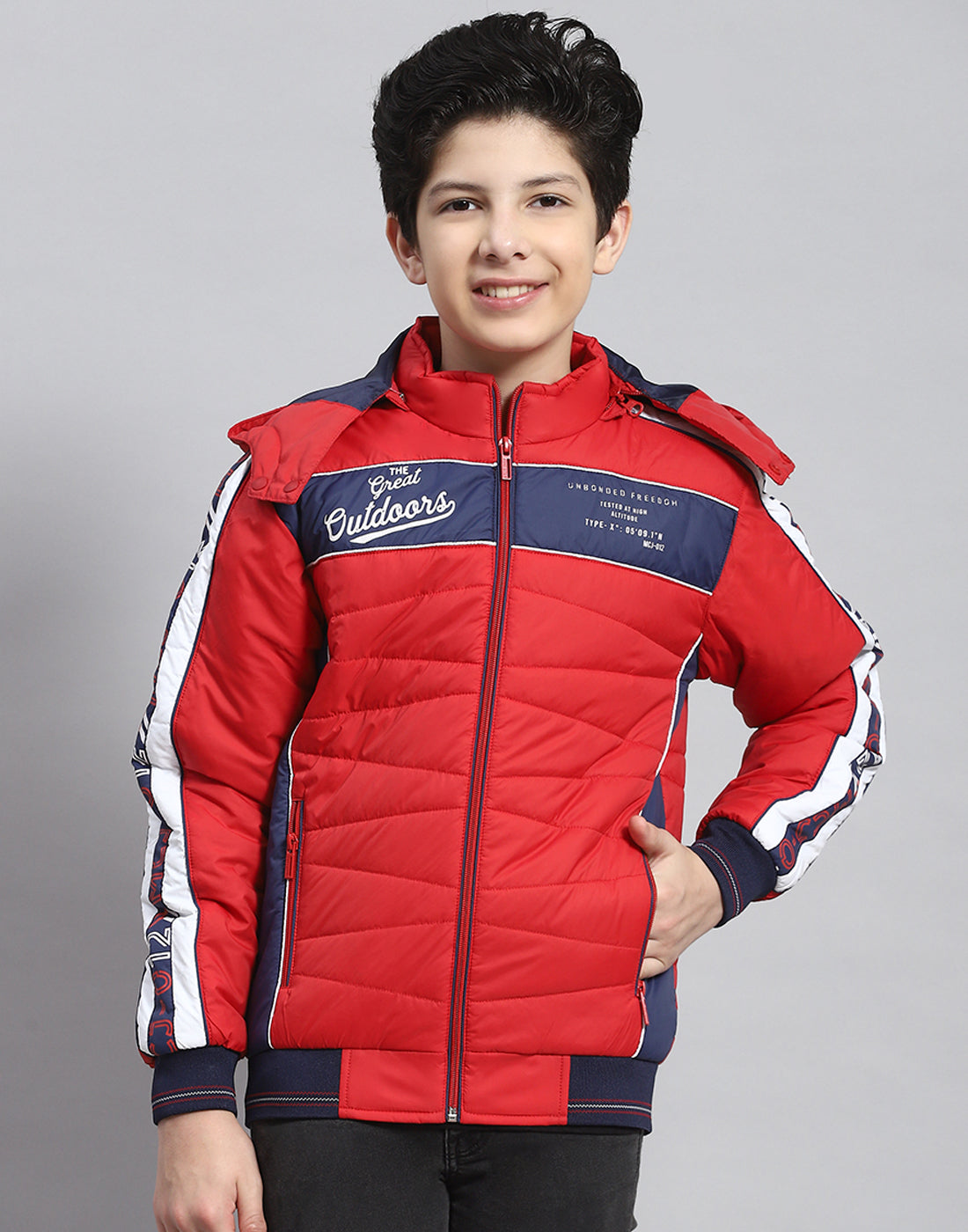 Boys Red Solid Hooded Full Sleeve Boys Jacket