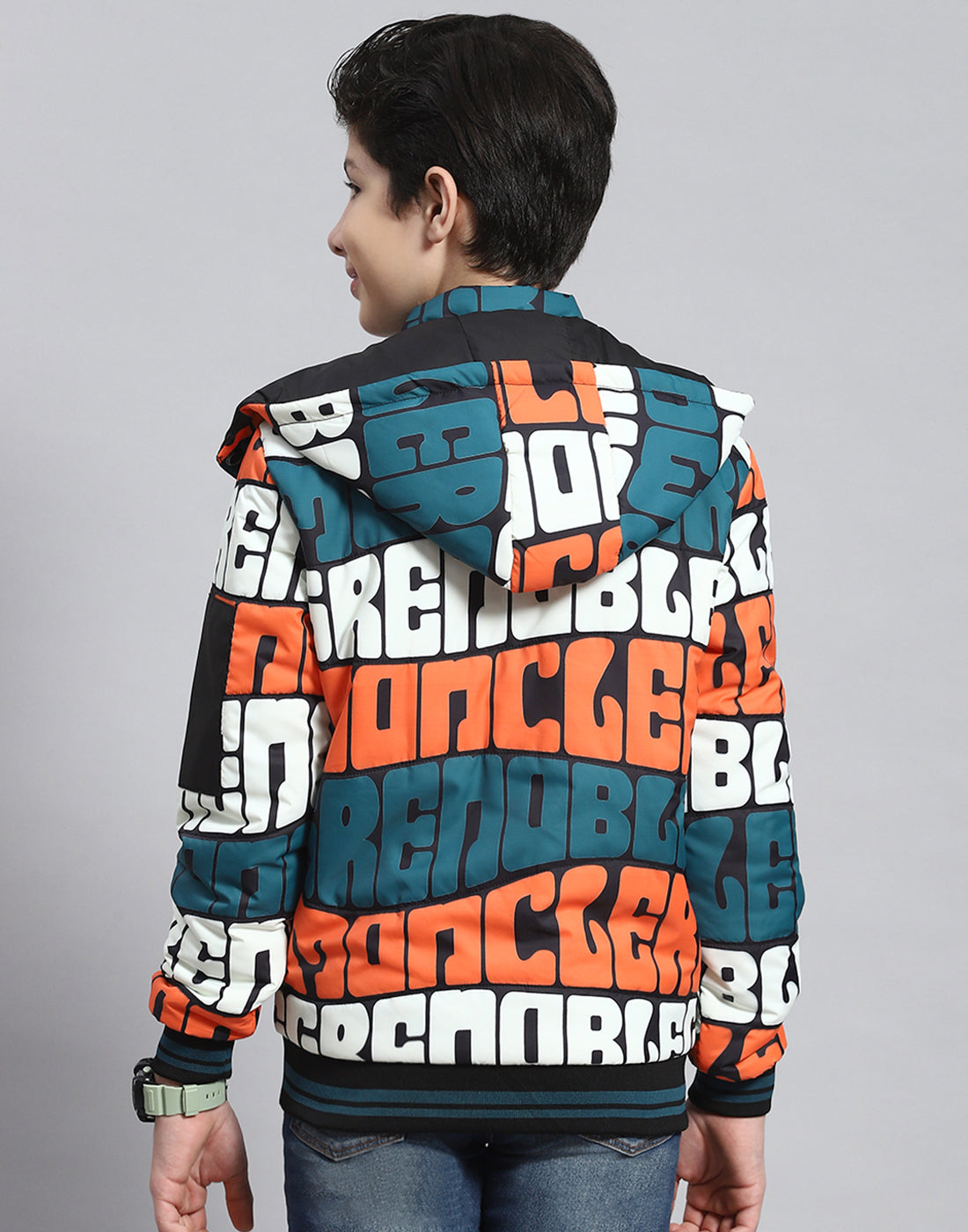 Boys Teal Blue Printed Hooded Full Sleeve Boys Jacket