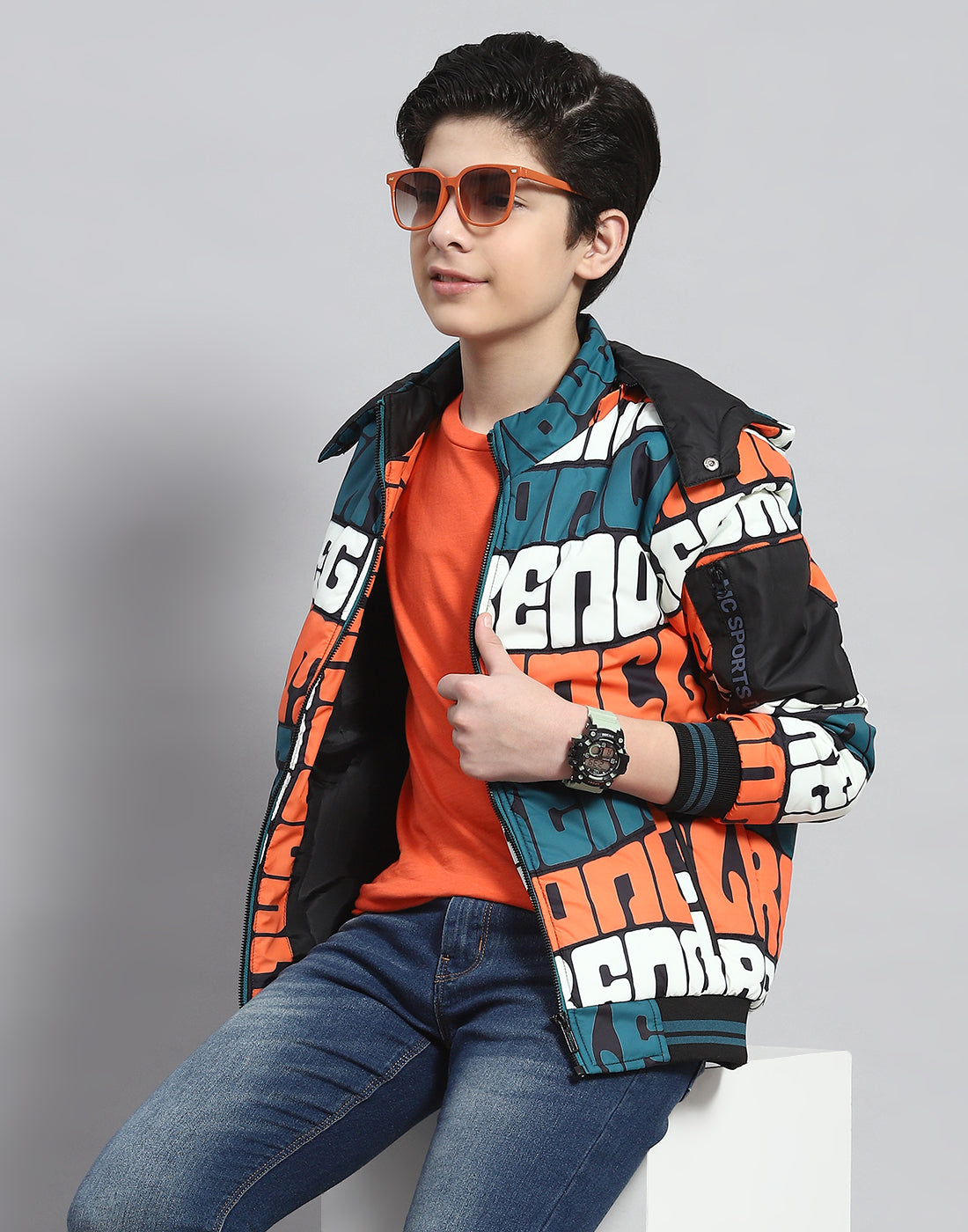 Boys Teal Blue Printed Hooded Full Sleeve Boys Jacket