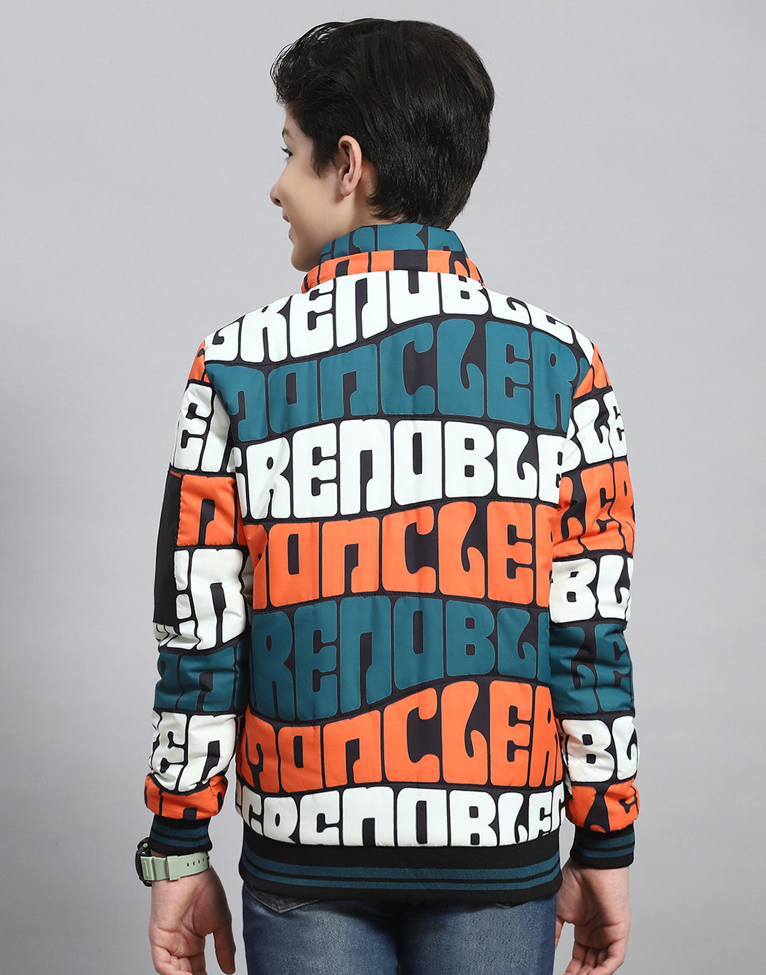 Boys Teal Blue Printed Hooded Full Sleeve Boys Jacket