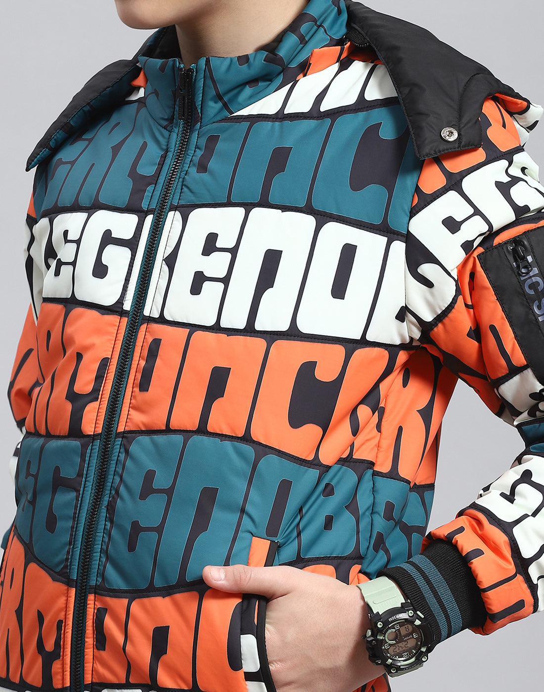 Boys Teal Blue Printed Hooded Full Sleeve Boys Jacket