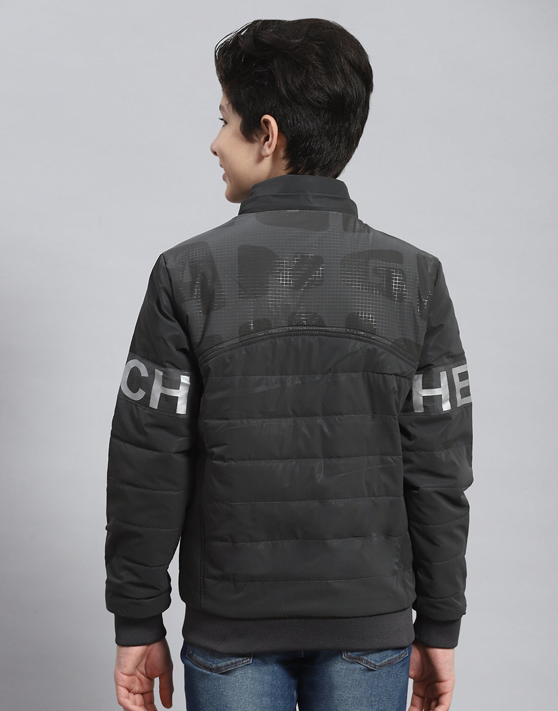 Boys Grey Solid Hooded Full Sleeve Heating Jacket