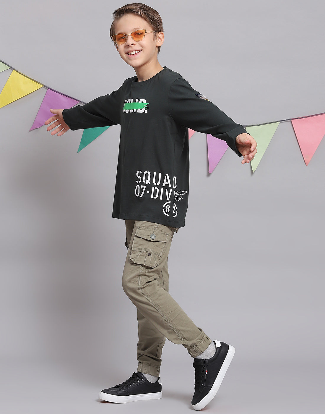 Boys Green Printed Round Neck Full Sleeve T-Shirts