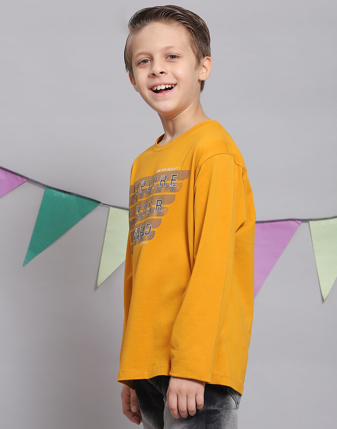 Boys Mustard Printed Round Neck Full Sleeve T-Shirts