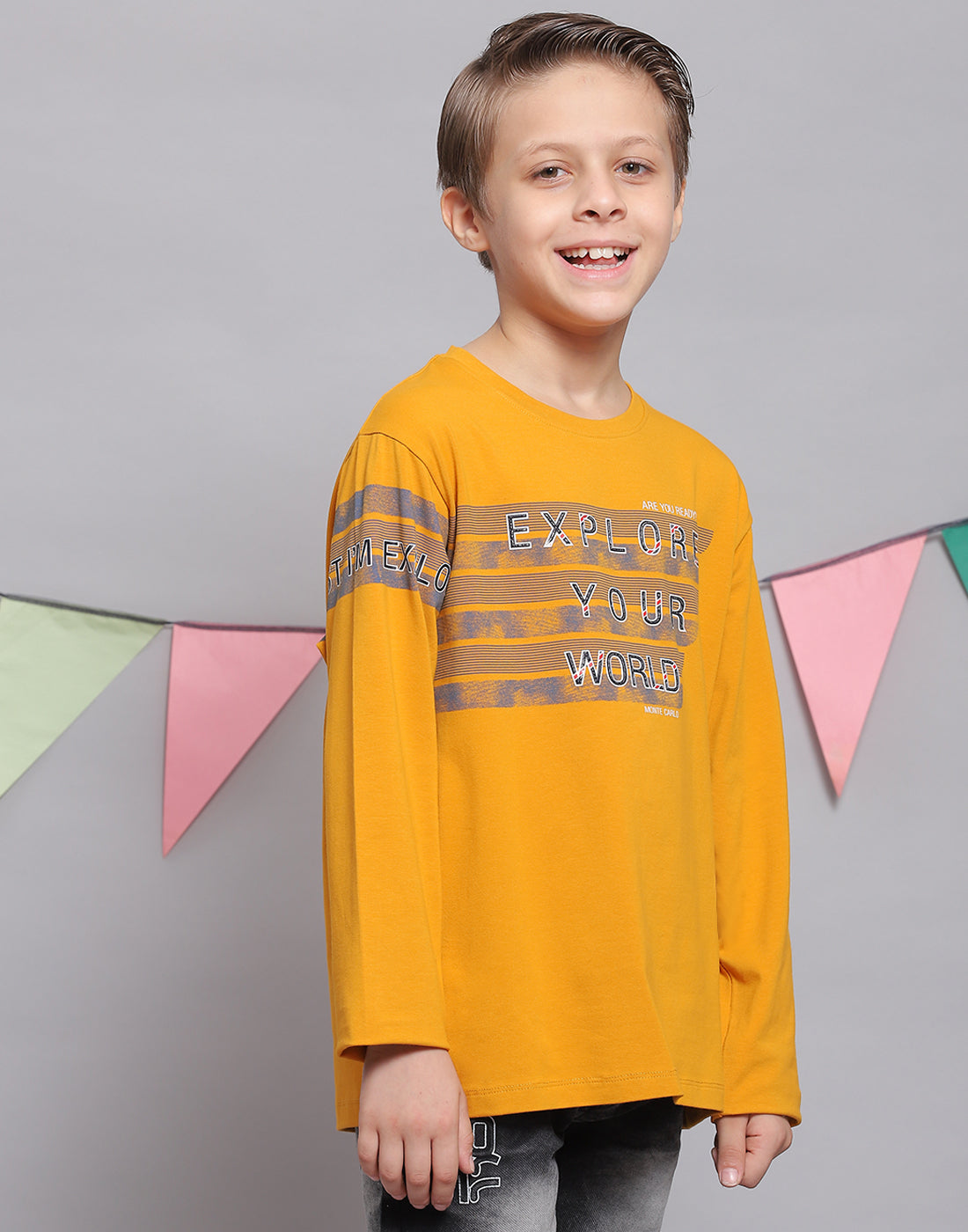Boys Mustard Printed Round Neck Full Sleeve T-Shirts