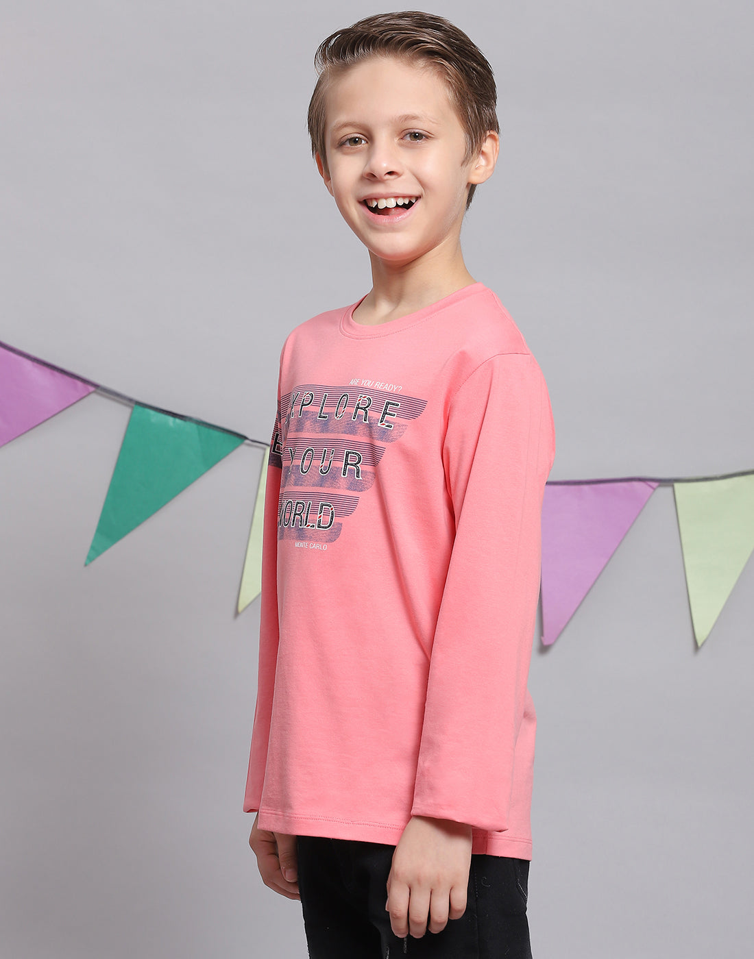 Boys Pink Printed Round Neck Full Sleeve T-Shirts