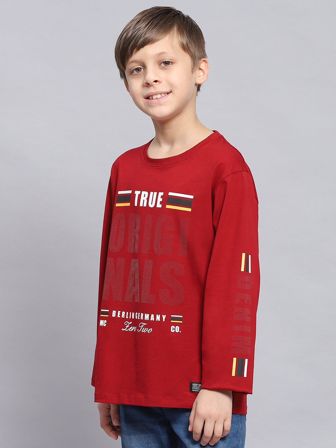 Boys Maroon Printed Round Neck Full Sleeve T-Shirts