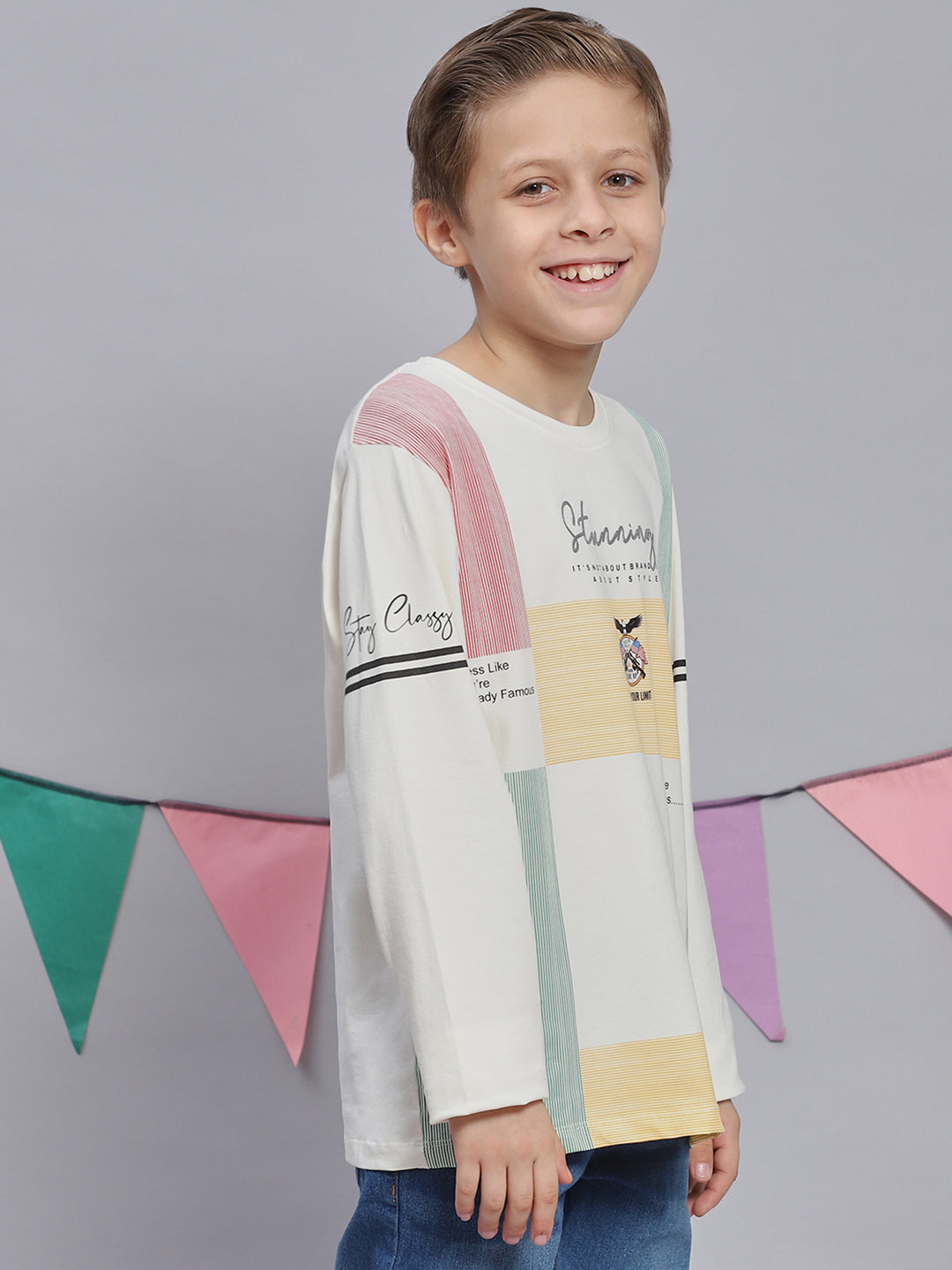 Boys Off White Printed Round Neck Full Sleeve T-Shirts