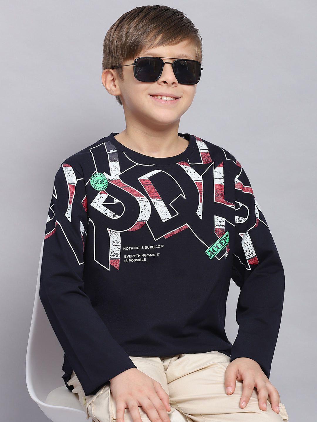 Boys Navy Blue Printed Round Neck Full Sleeve T-Shirts