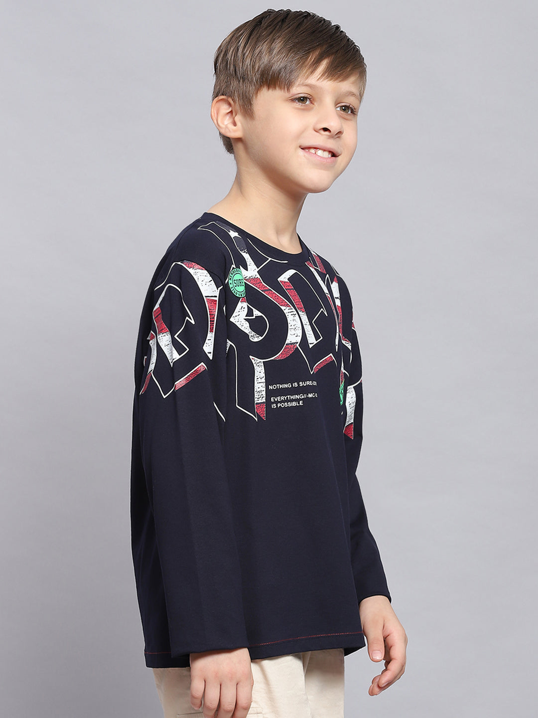Boys Navy Blue Printed Round Neck Full Sleeve T-Shirts