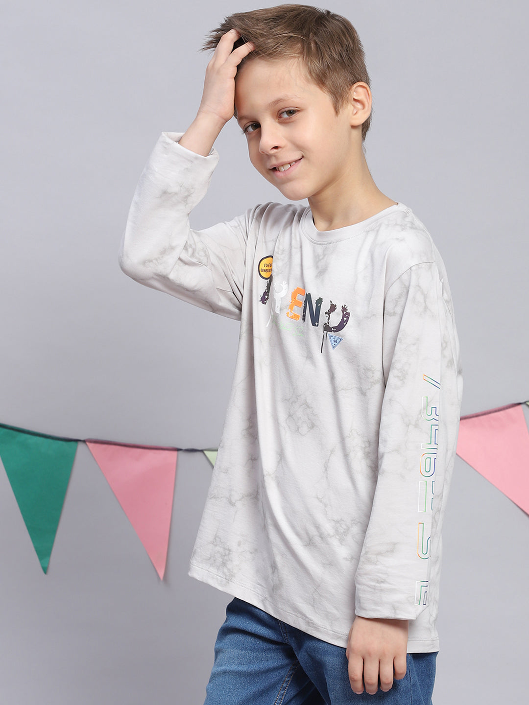 Boys Grey Printed Round Neck Full Sleeve T-Shirts