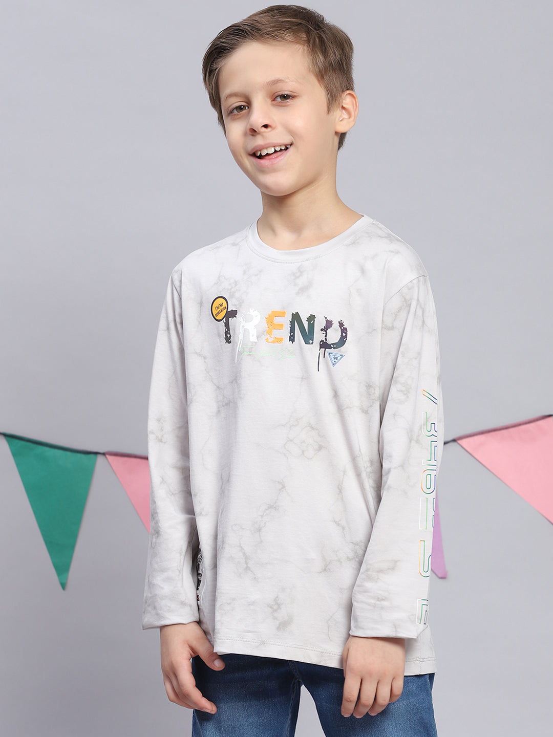 Boys Grey Printed Round Neck Full Sleeve T-Shirts