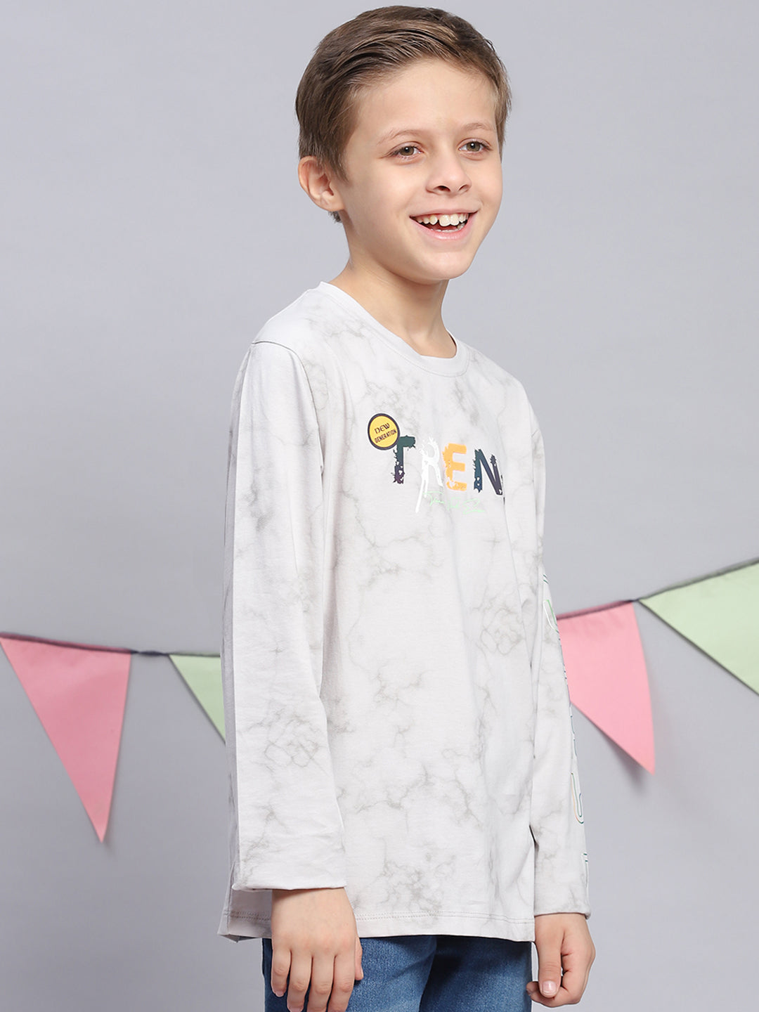 Boys Grey Printed Round Neck Full Sleeve T-Shirts