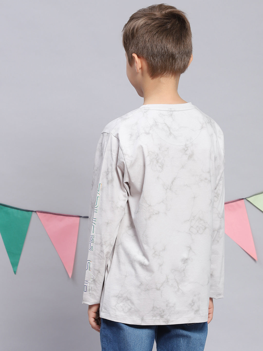 Boys Grey Printed Round Neck Full Sleeve T-Shirts