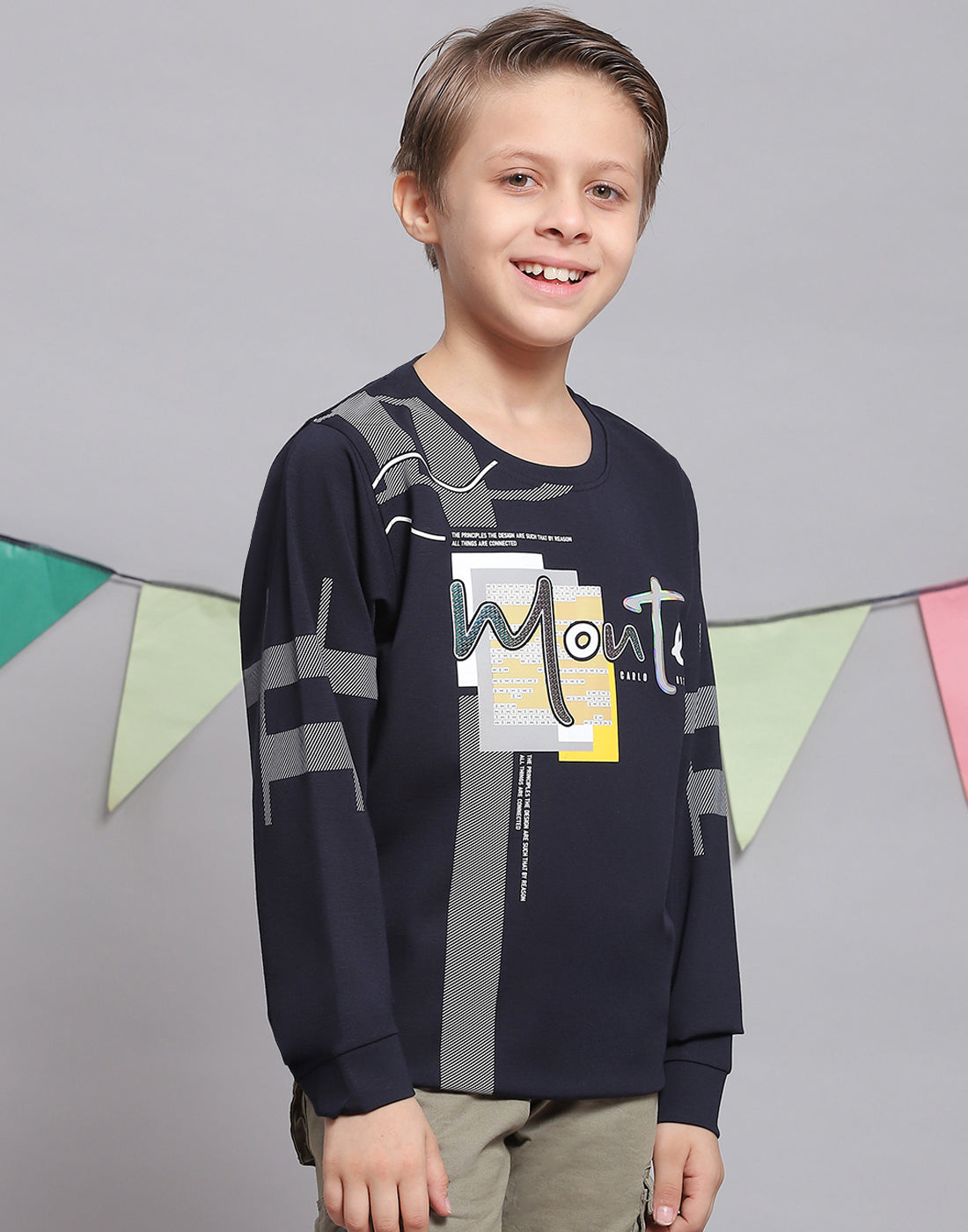 Boys Navy Blue Printed Round Neck Full Sleeve T-Shirts