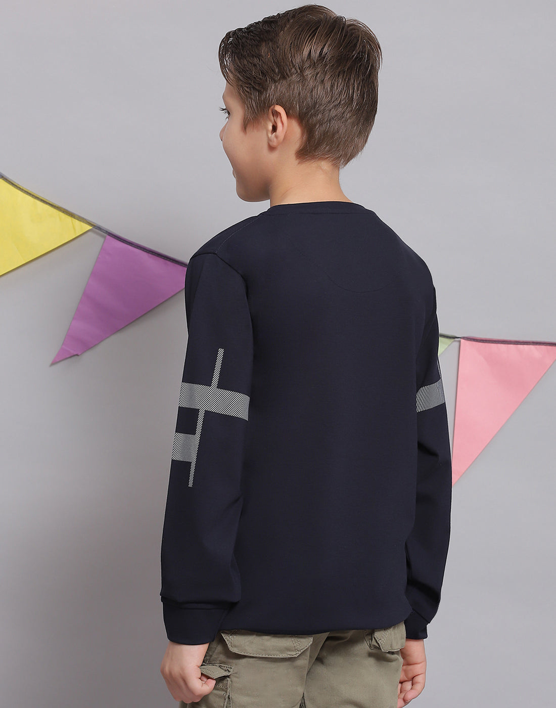 Boys Navy Blue Printed Round Neck Full Sleeve T-Shirts