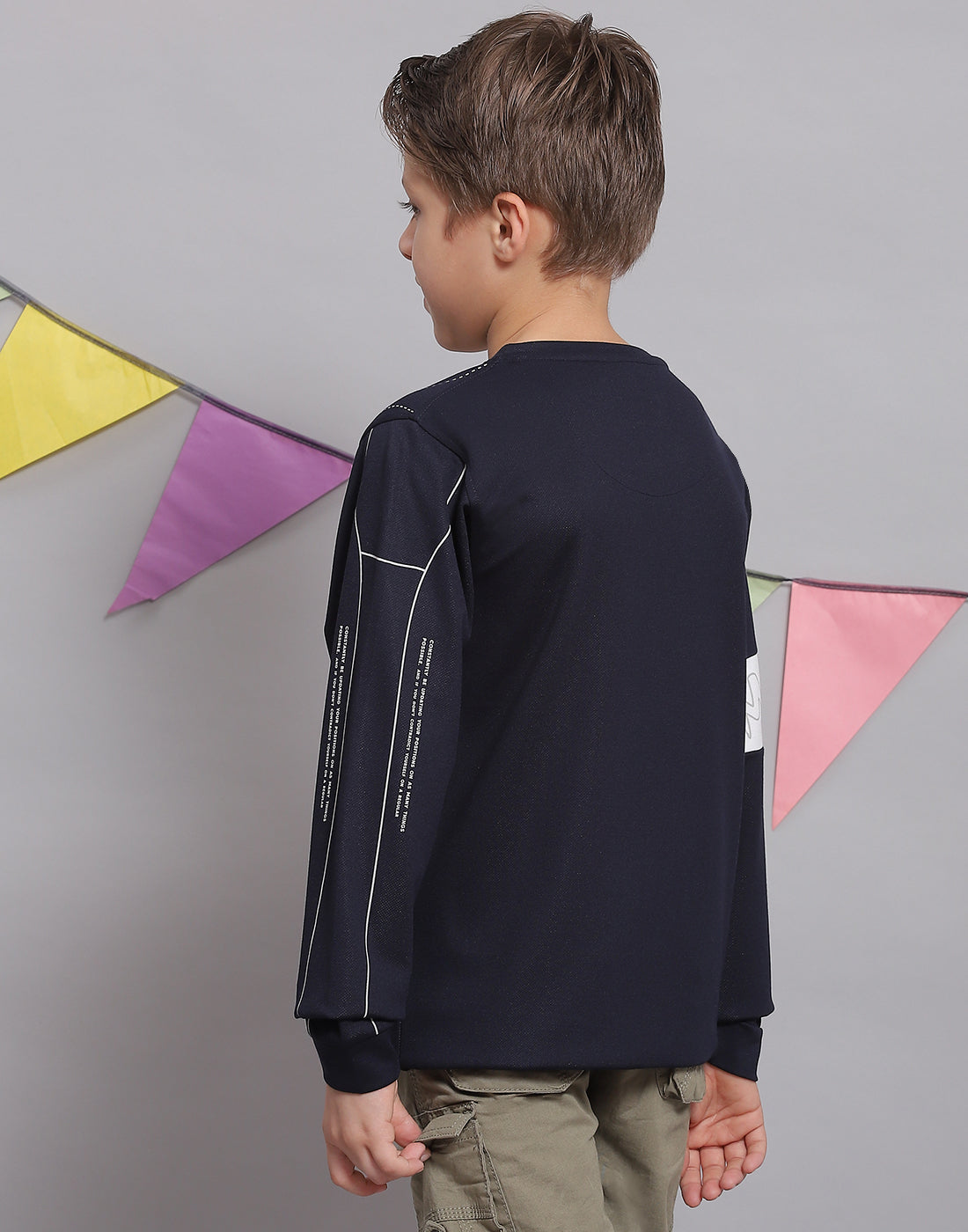 Boys Navy Blue Printed Round Neck Full Sleeve T-Shirts