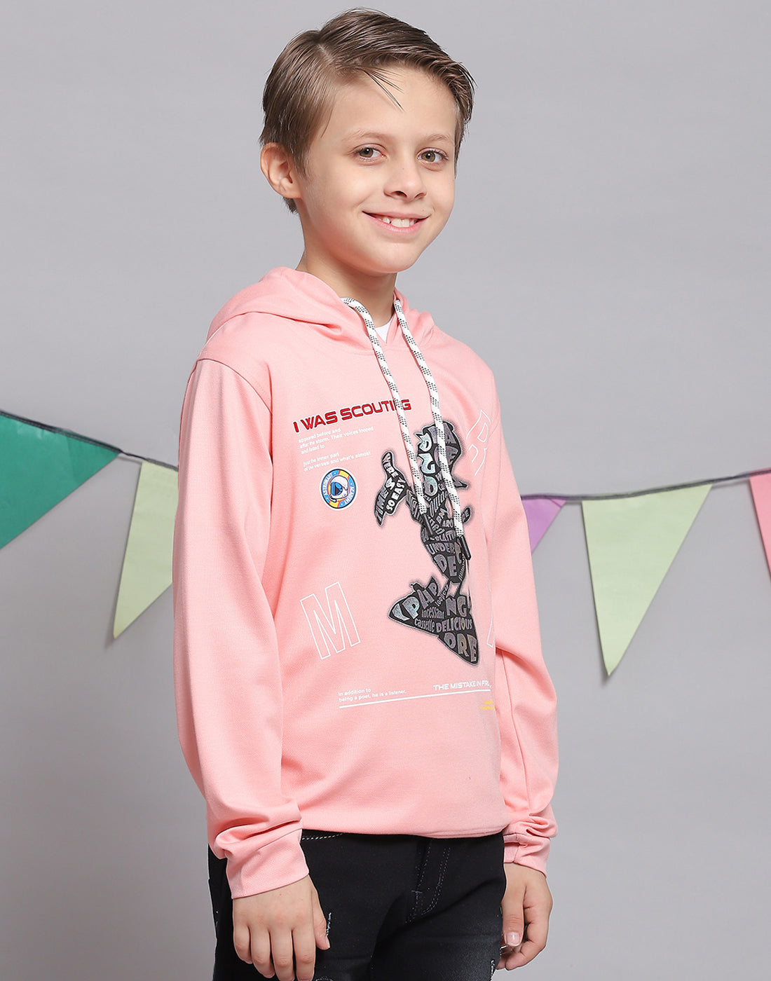 Boys Peach Printed Hooded Full Sleeve T-Shirts