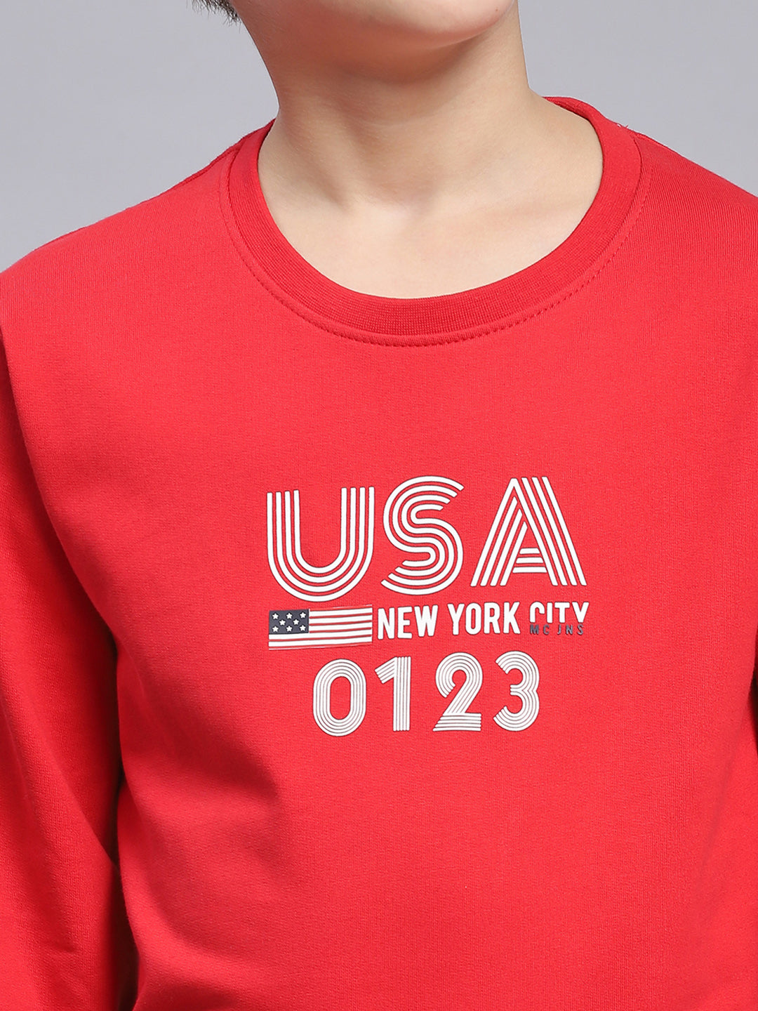 Boys Red Printed Round Neck Full Sleeve Sweatshirt